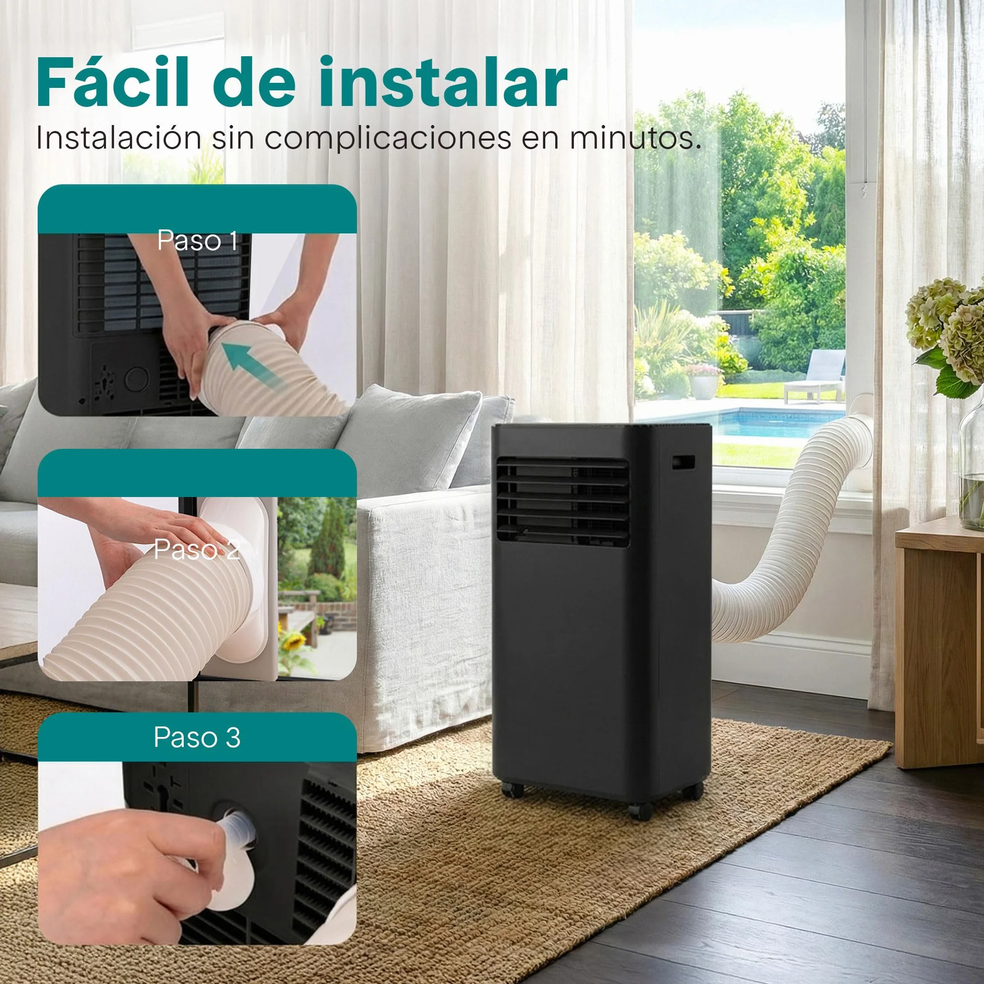 Aire Acondicionado Portátil 7000 BTU (2,05 kW) SereneLife, Climatizador 3 en 1 con Función Frío, Ventilador y Deshumidificador, Compacto con Mando a Distancia y Kit de Ventana
