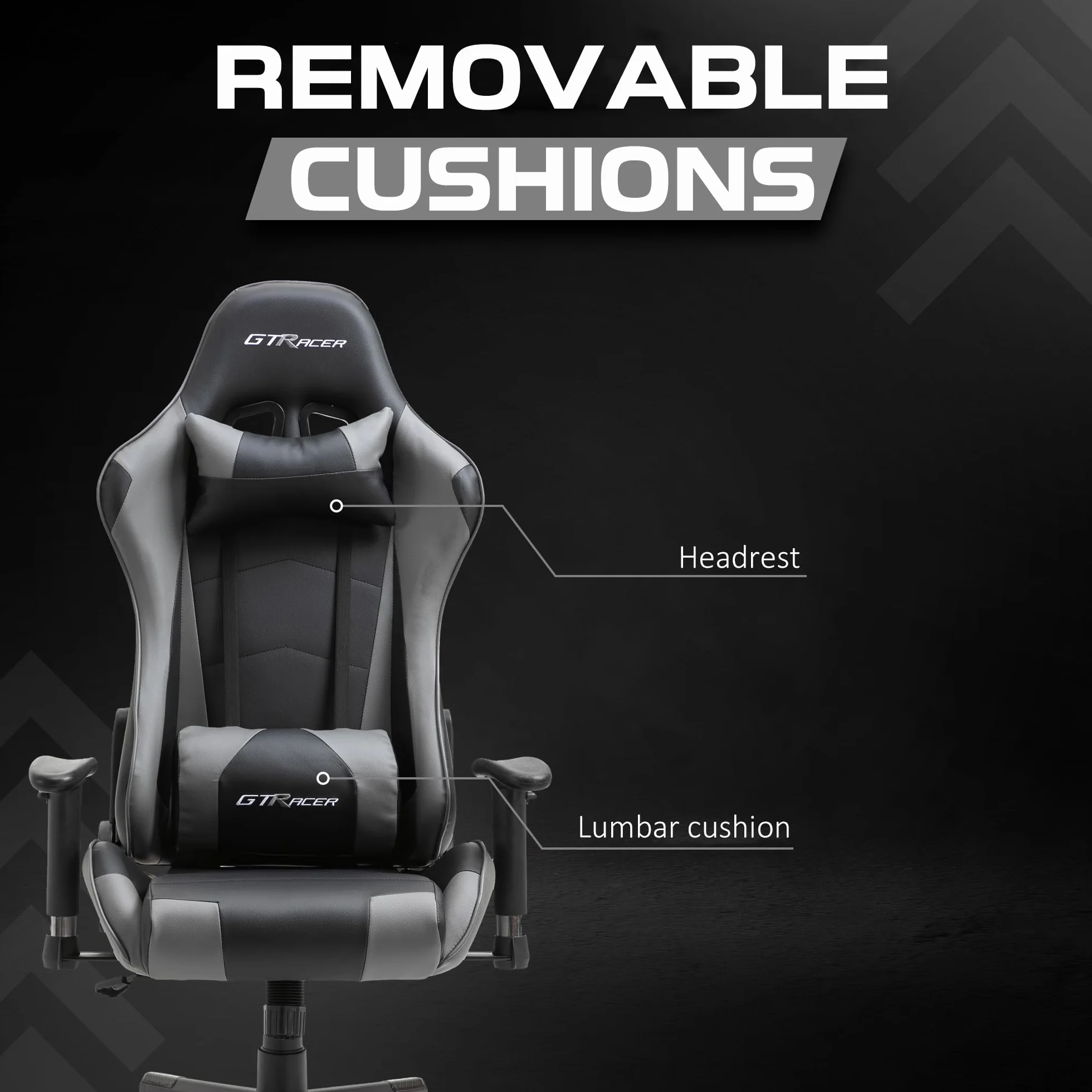 GTRACER Pro Gaming - Silla de oficina ergonómica con reposabrazos ajustables, piel sintética, incluye cojín lumbar y almohada (negro y gris)