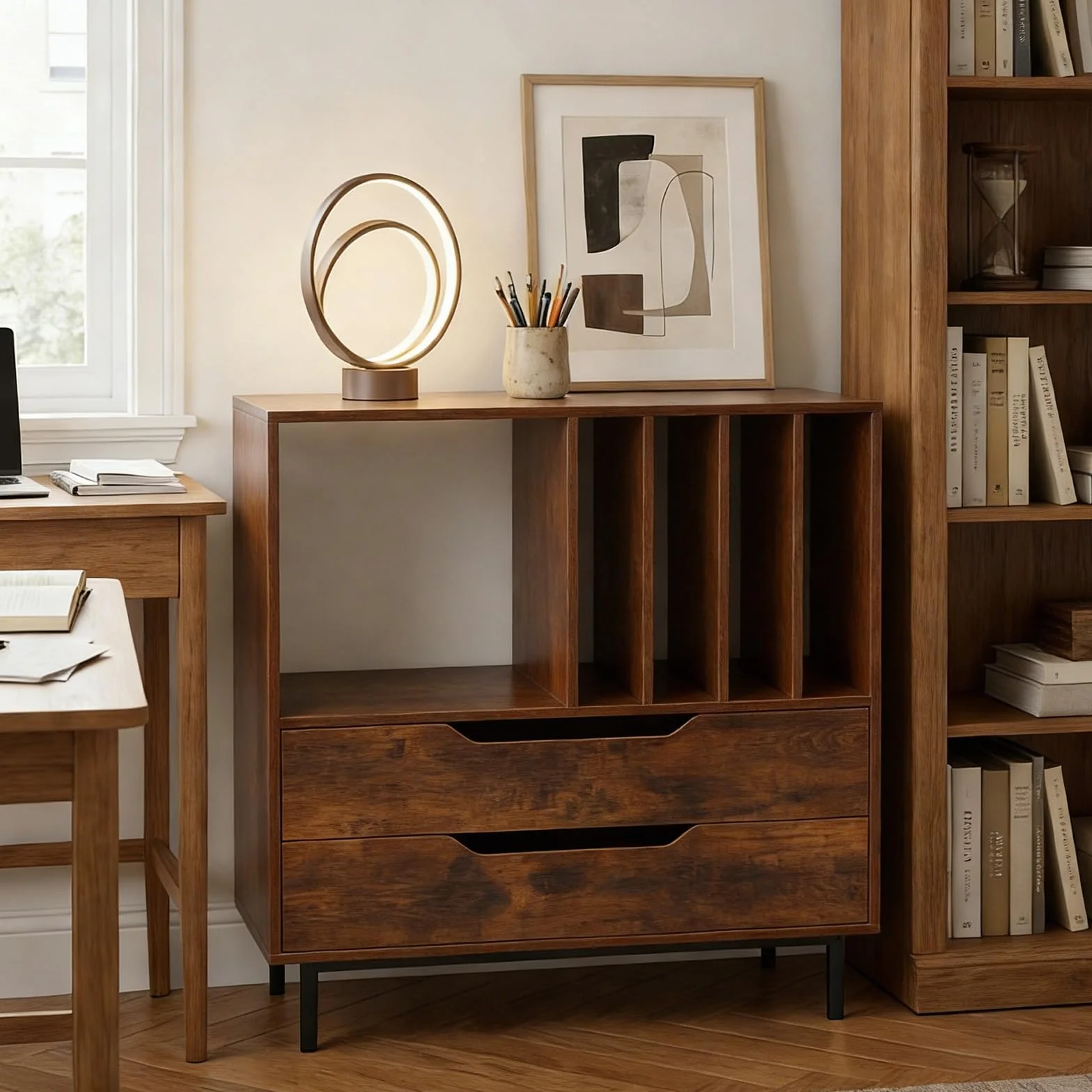 KOMFOTTEU Mueble para Tocadiscos con 2 Cajones, Soporte de Vinilo, Patas de Metal, 91x36x87 cm Marron