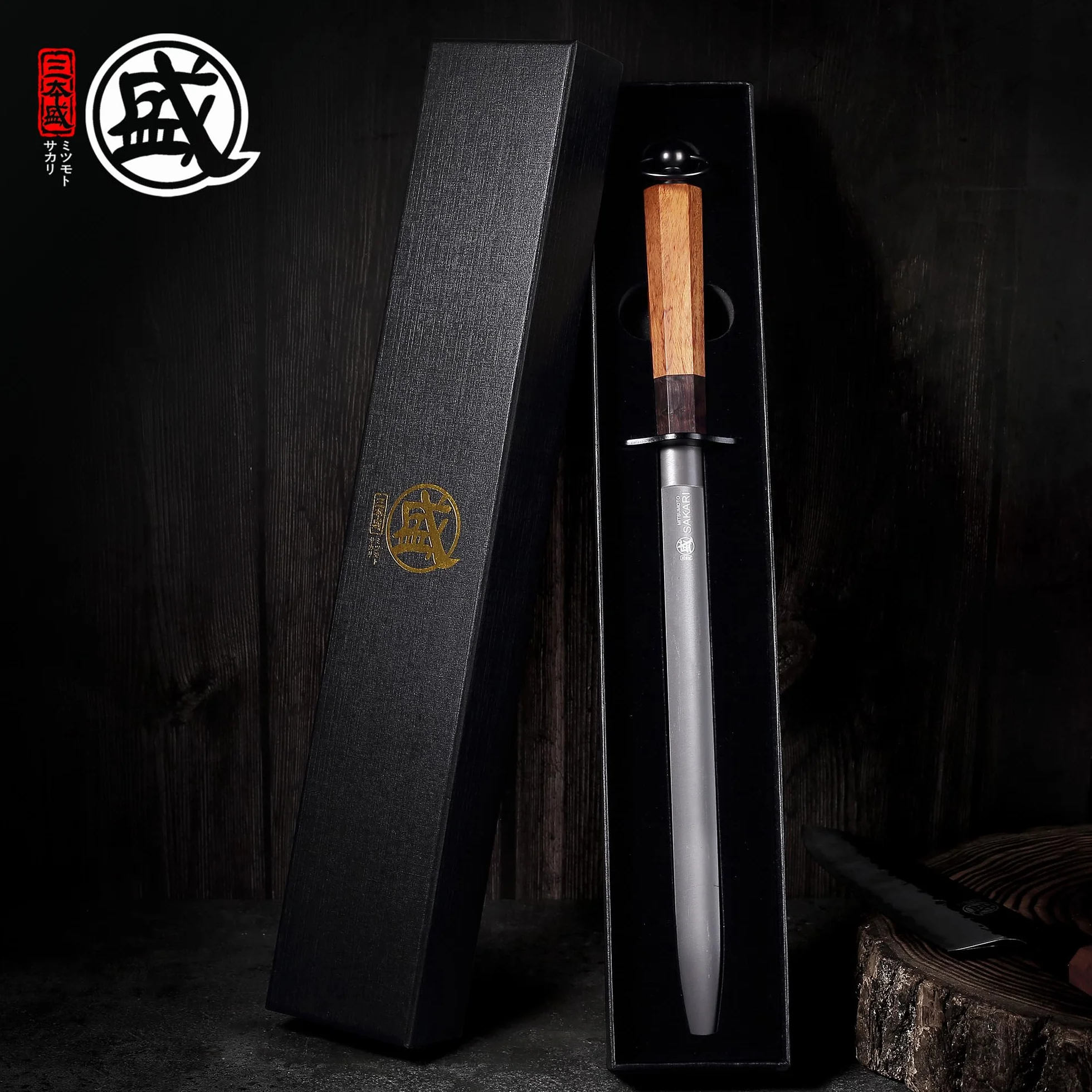 MITSUMOTO SAKARI 40 cm Acero Plano Negro de Alto Carbono, Chaira Afilar Cuchillos Japones, Afilador de Cuchillos Profesional (Mango de Madera al Ácido y Caja de Regalo)