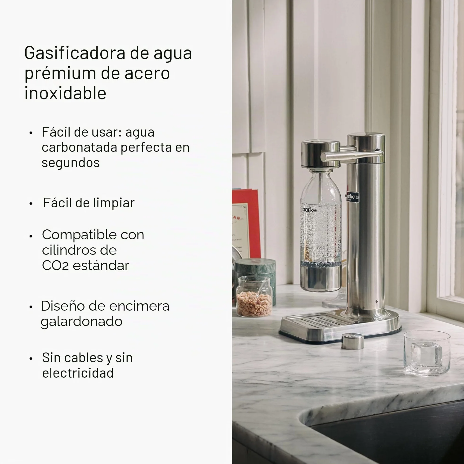 Aarke Carbonator 3, Máquina para hacer Agua con Gas en Acero Inoxidable con Botella 800ml