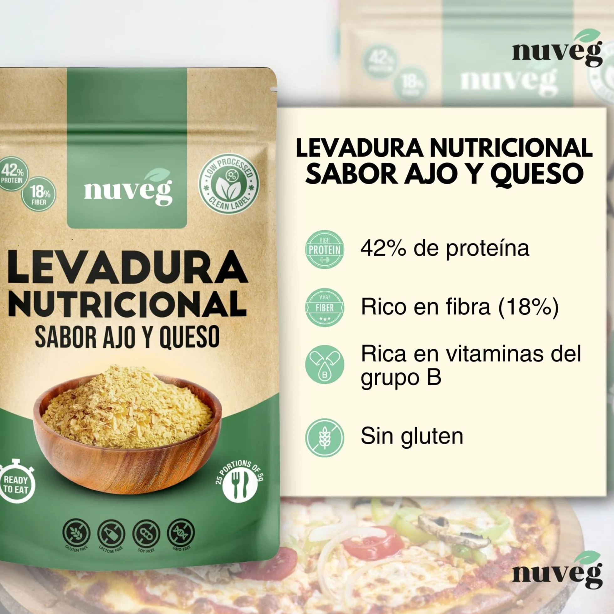 NUVEG Levadura Nutricional Sabor Queso y Ajo, Levadura Nutritiva en Copos, Rica en Vitamina B y Proteínas 42%, Sin Gluten, Pack 2, 250g