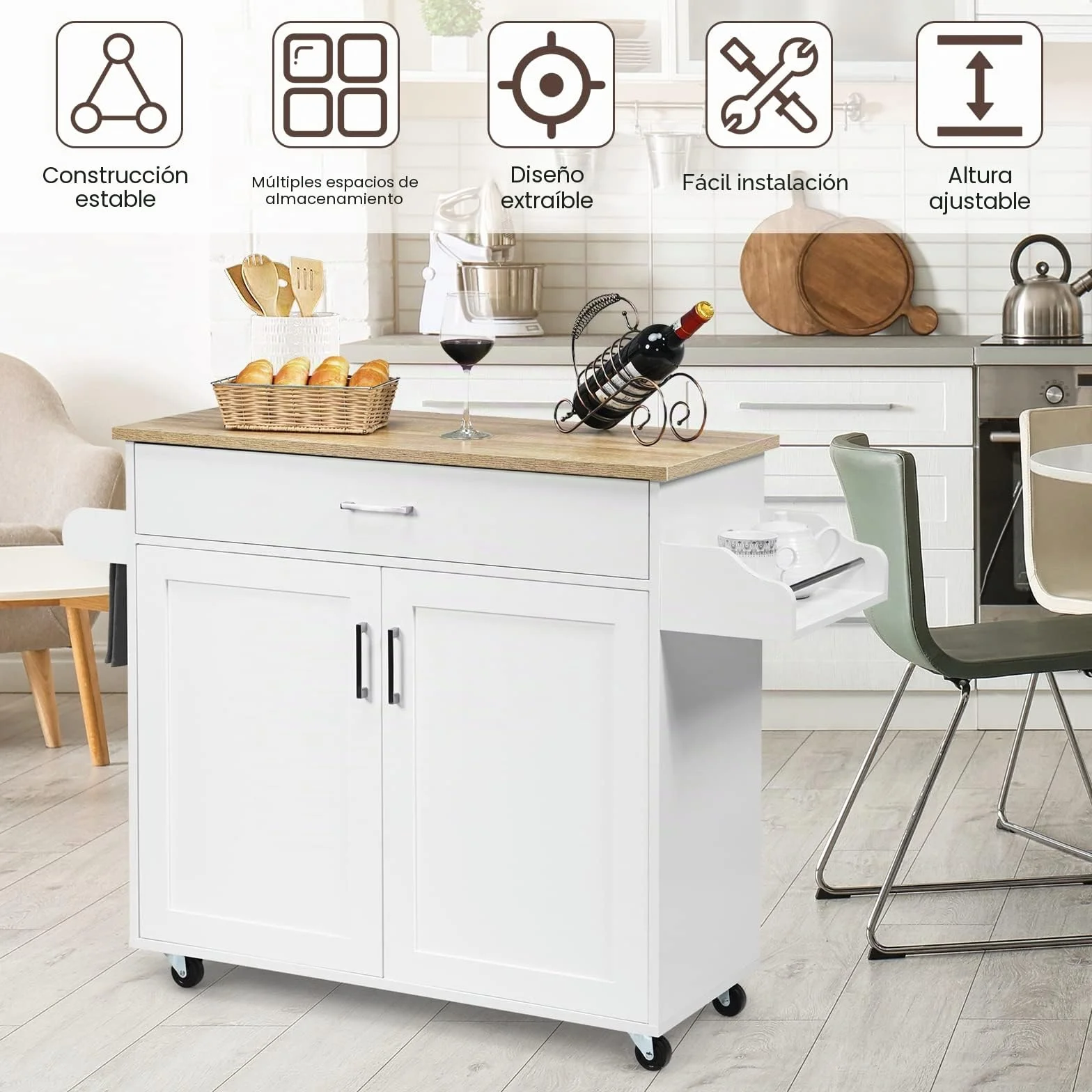 GIANTEX Isla de Cocina Móvil con Ruedas, Carro de Cocina con Cajón, Armario, Estante Lateral para Especias y Toallero, Mueble Auxiliar de Almacenamiento para Comedor (Blanco, 116x40x85cm)