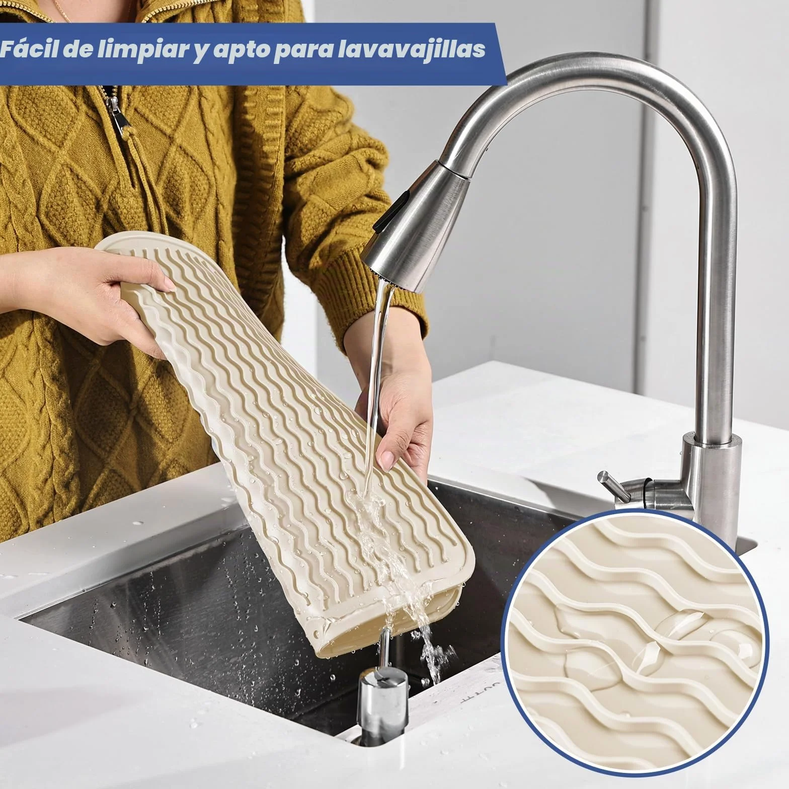 KitchenRaku Alfombrilla Escurreplatos de Silicona (Beige, 40x60cm)