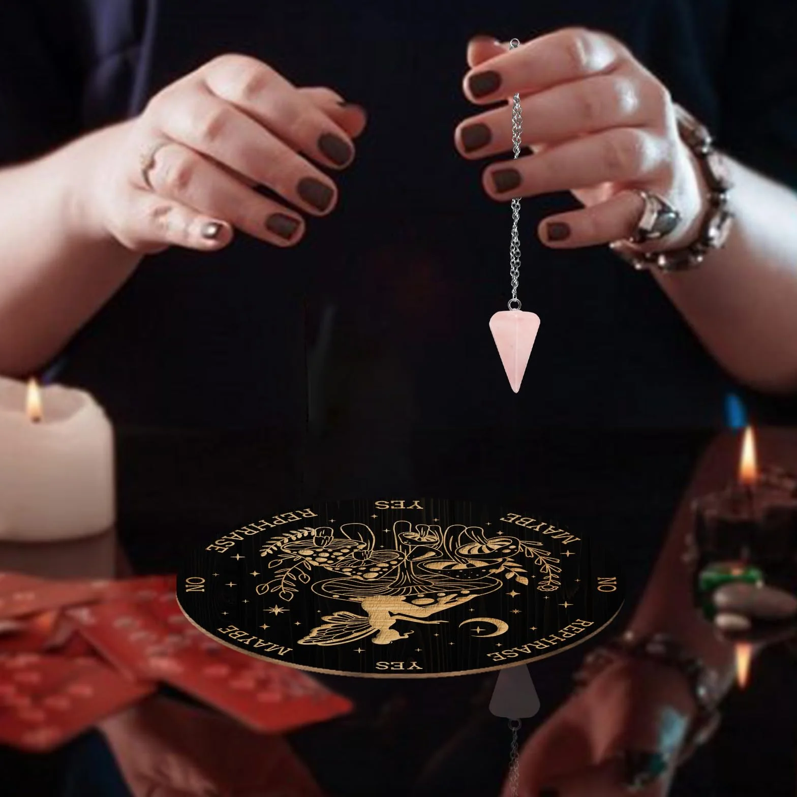AHANDMAKER Juego de tablero de péndulo, tablero de madera para adivinación, tablero de mensajes metafísicos con collar de péndulo de cristal para brujería, kit de suministros de altar wiccano, hada,