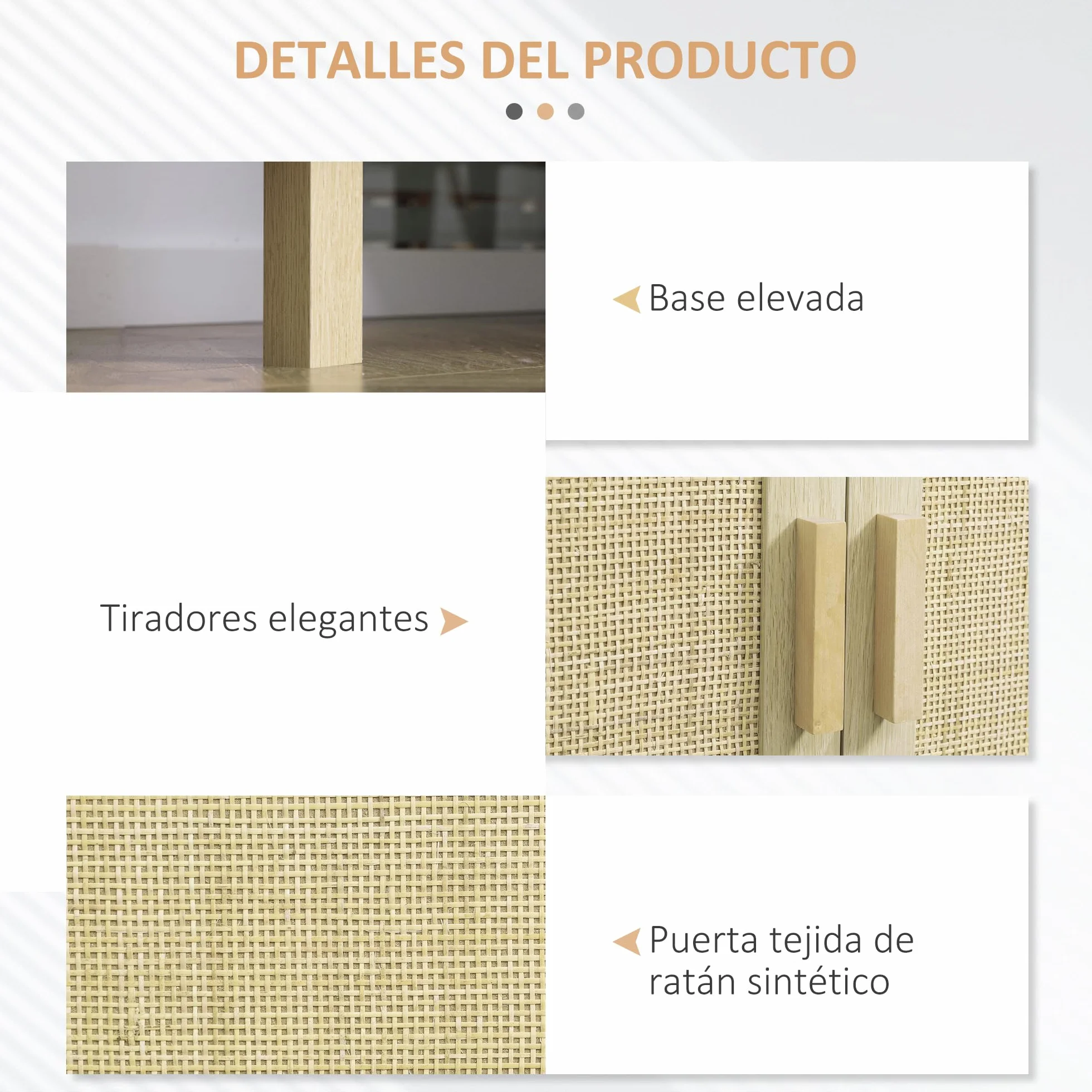 HOMCOM Aparador 3 Puertas de Rejilla de Ratán Aparador para Salón Nórdico con Estantes Ajustables para Comedor Entrada Dormitorio Natural 136x41x70 cm
