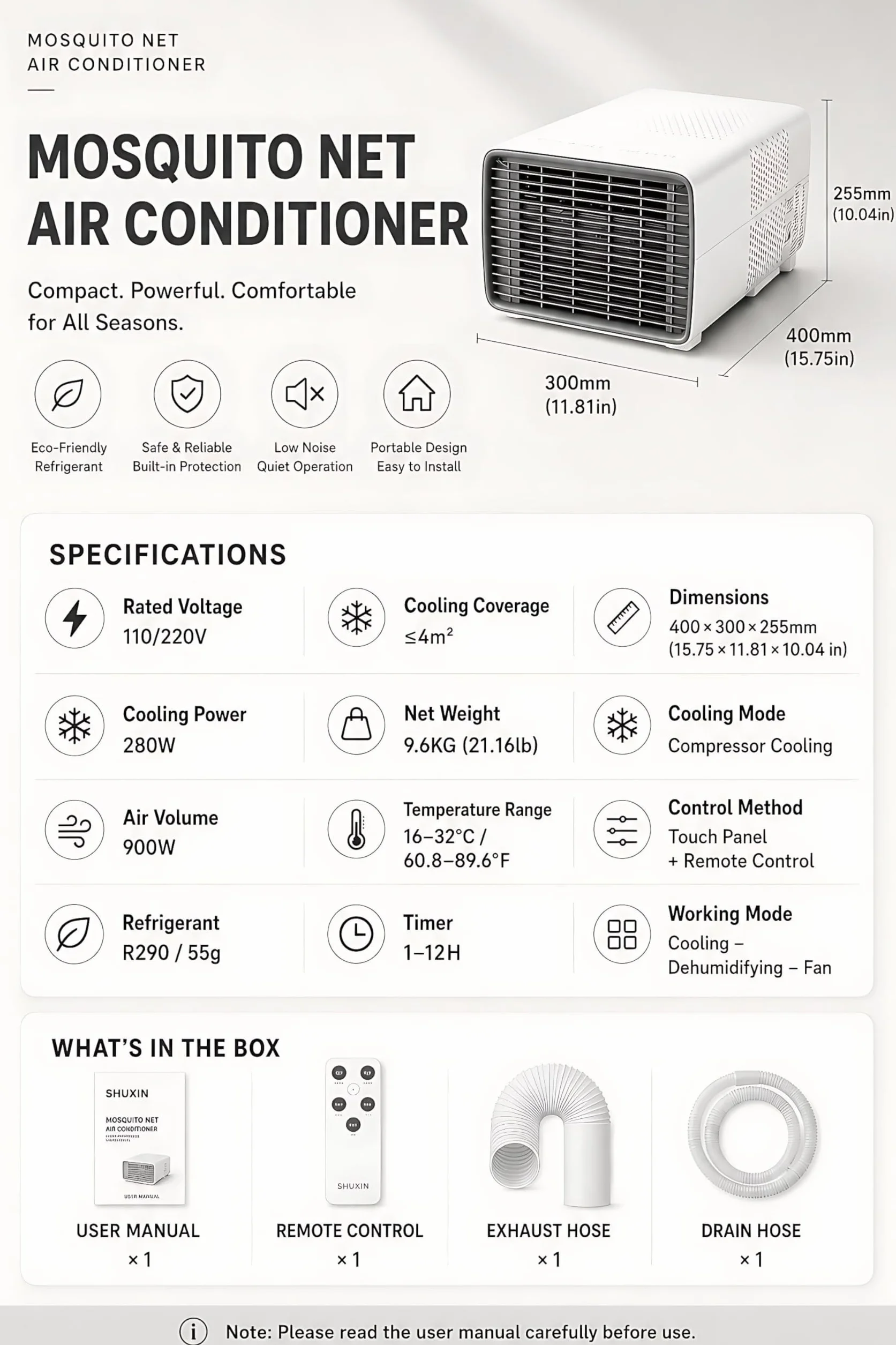 Aire Acondicionado Portátil 2700 BTU, 280W Bajo Consumo, 3 en 1 Enfriador, Deshumidificador y Ventilador con Compresor DC, Silencioso, Mando a Distancia para Camping y Caravana