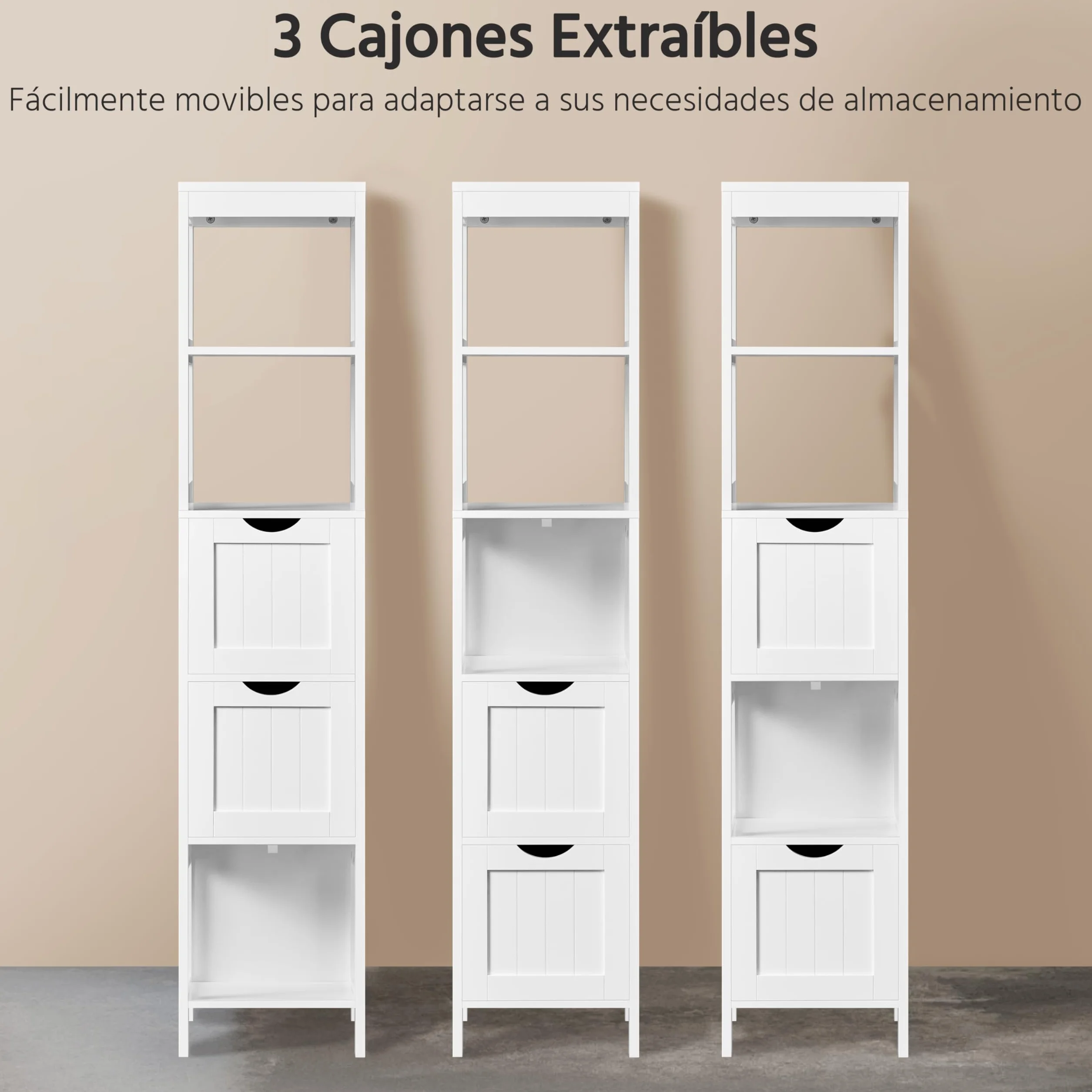Yaheetech Armario Alta de Baño Mueble Auxiliar 2 Estantes Abiertos 3 Cajones 30x30x142 cm Blanco