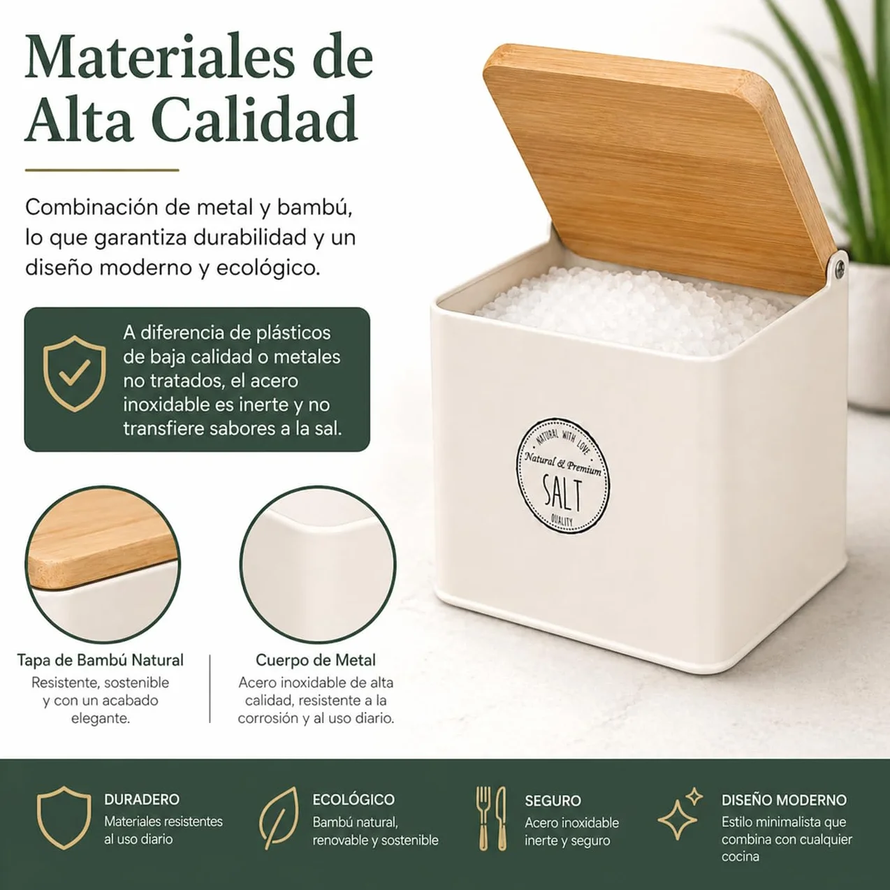 TIENDA EURASIA – Salero de Cocina con Tapa de Bambú | Recipiente para Sal | Diseño Moderno | 11x14x11 cm | Estructura Metálica | Tapa Abatible | Ideal para Cocina y Mesa (Crema)