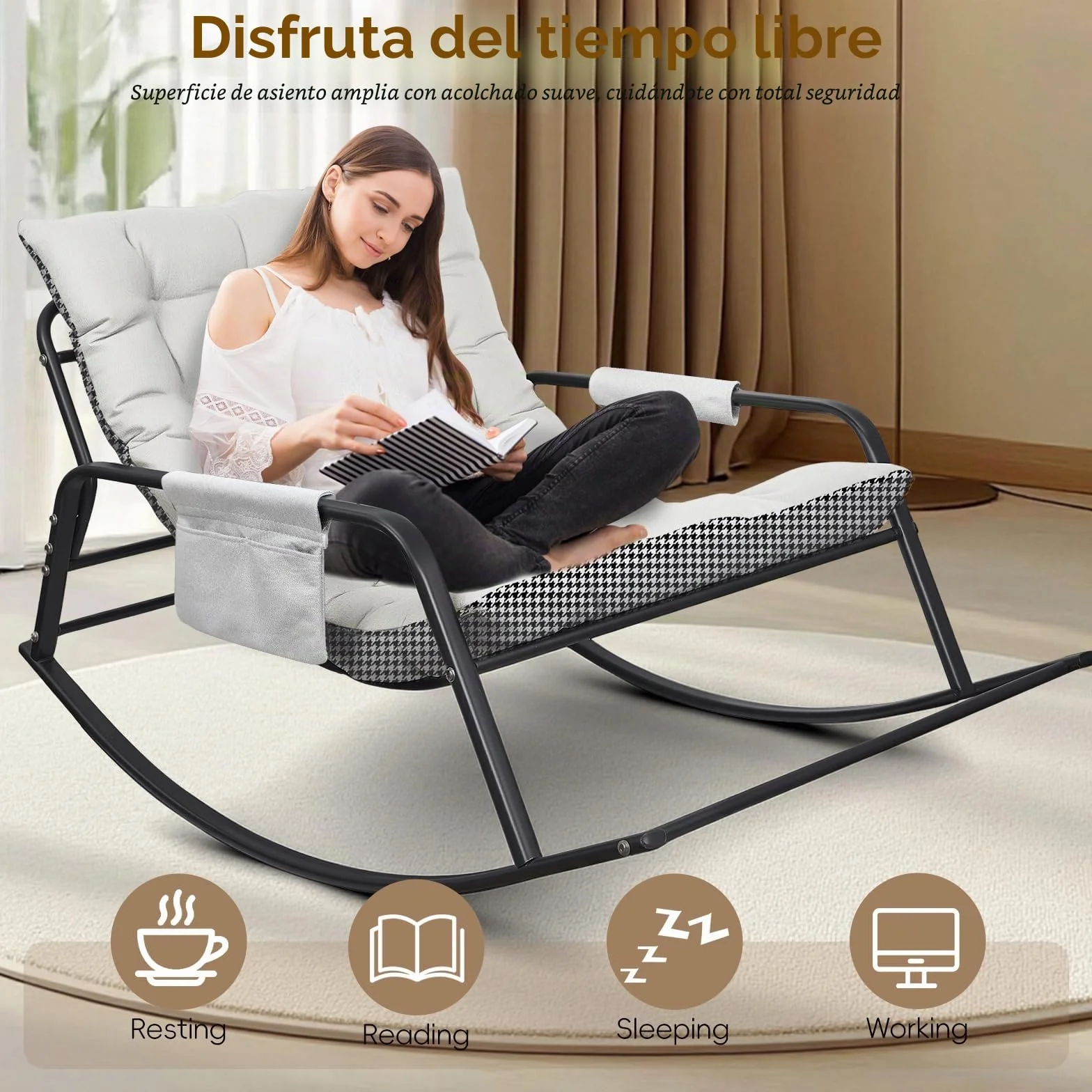 Mecedora para interior y exterior, ergonómica, para salón, silla de relax con acolchado, soporta hasta 300 kg, para jardín, dormitorio, salón, esquina, porche (beige)