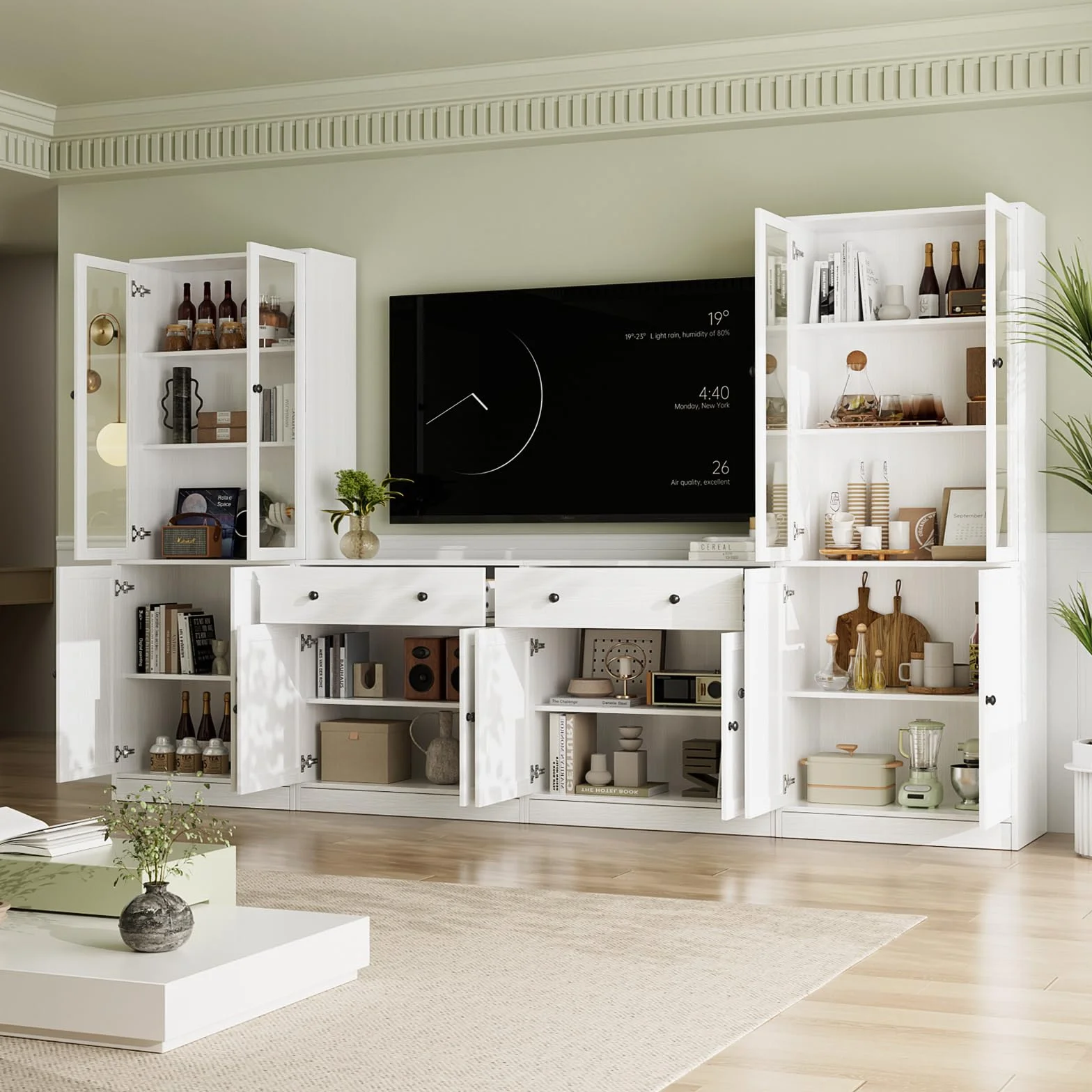 VOWNER Grande Mueble de TV para Televisores de hasta 70 Pulgadas, 280 x 180,3 x 40 cm, Mesa de TV, Módulo TV, Mueble de Salón Moderno con Cajones y Puertas de Cristal, 2A+2D (Blanco)