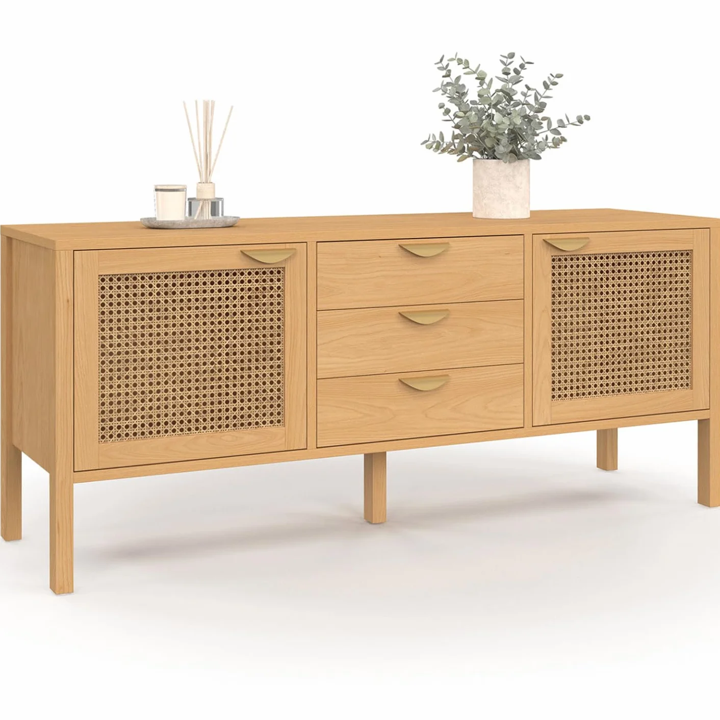 IDMarket EDHEN - Aparador bajo (140 cm, 2 puertas y 3 cajones, madera y cannado), Estanteria Almacenaje, Mueble