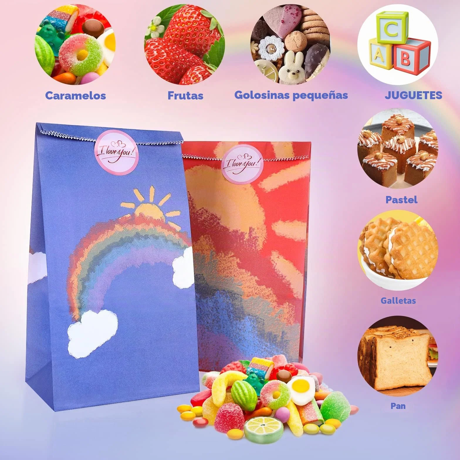 Romon Bolsitas para Regalos, 24 PCS Bolsas de Papel Kraft Arco Iris Bolsas Cumpleaños Infantil con 24 Pegatinas para Envolver Regalos, Regalos, Fiesta, Celebración, Boda, 1 item