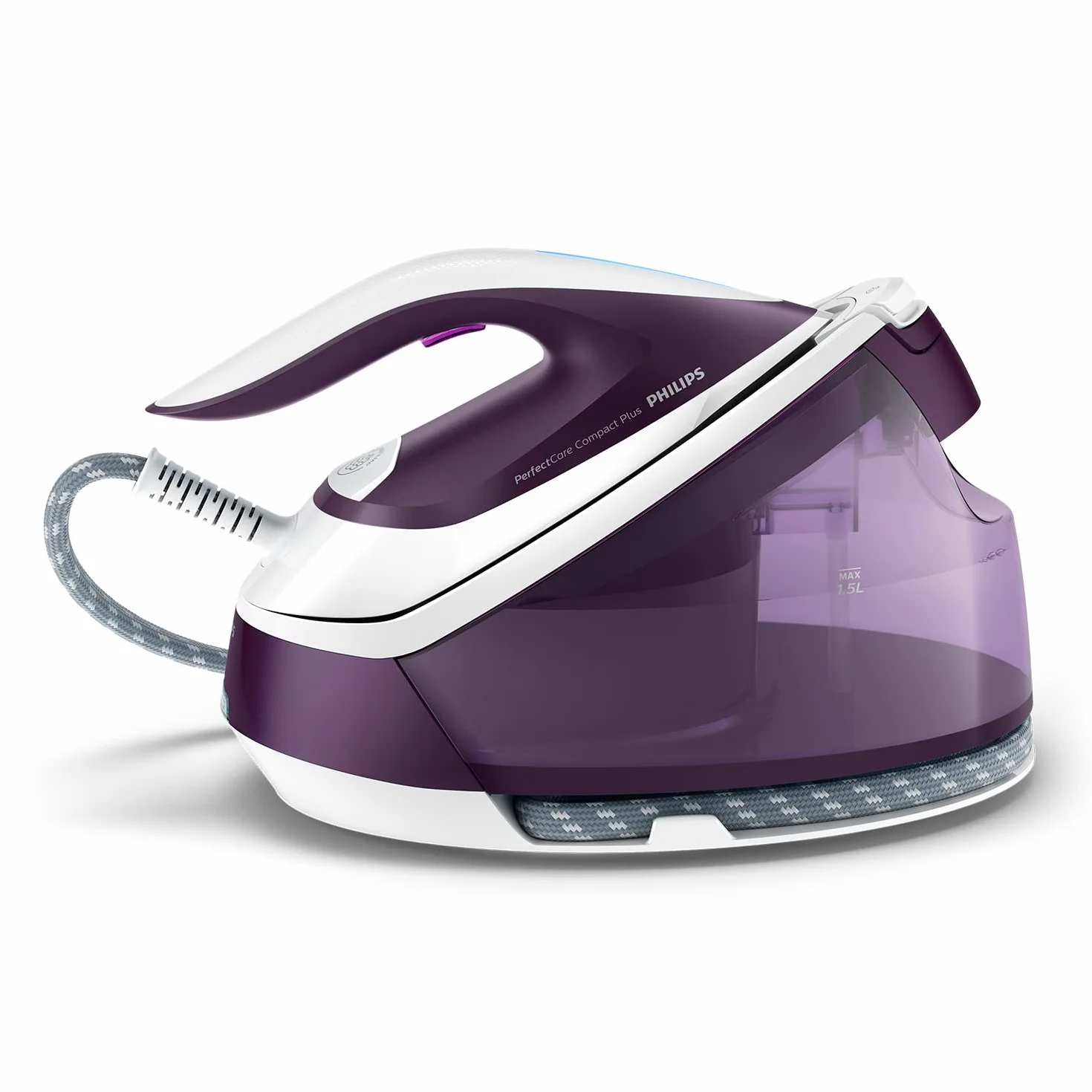 Philips PerfectCare Compact Plus Centro de Planchado - 2400W, Golpe de Vapor 450g, Presión 6.5 bar, Tec OptimalTEMP, Depósito 1.5 L, Púrpura/Blanco (GC7933/30)