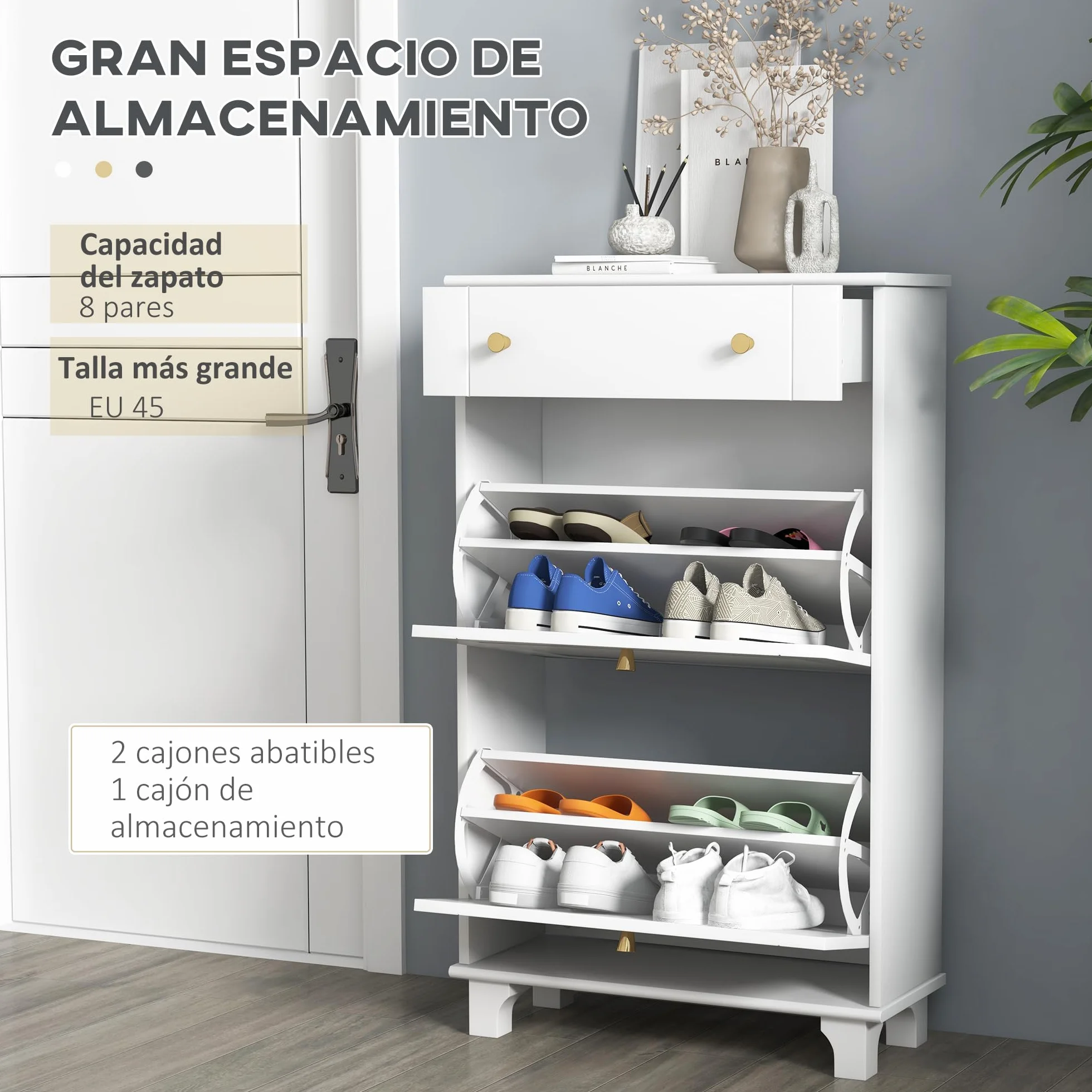 HOMCOM Mueble Zapatero Estrecho Zapatero Entrada Recibidor con 2 Cajones Abatibles y 1 Cajón Extraíble para 8 Pares de Zapatos para Pasillo 60x23,5x98,5 cm Blanco