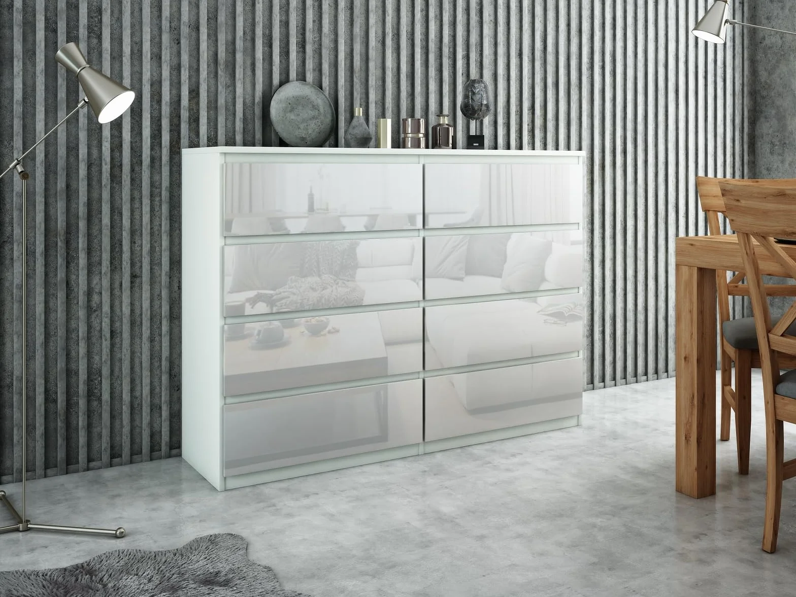 meble masztalerz Comoda Dormitorio 8 Cajones 138,5 cm - Cajonera Armario Interior - Sinfonier Dormitorio Alto - Muebles para el Salón - Cómoda Moderna - Blanco con Frente Brillante 138,5x101,5x39 cm