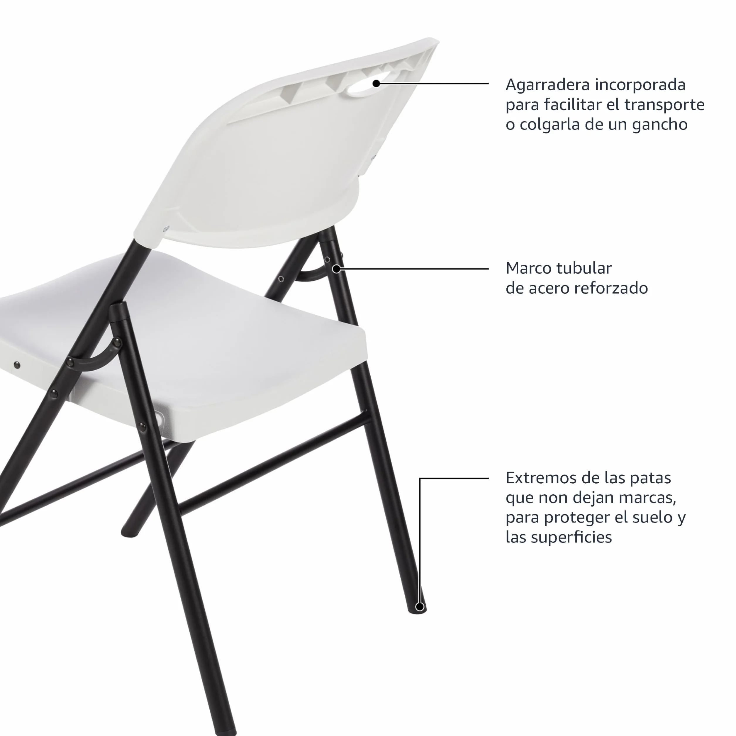 Amazon Basics Juego de 4 sillas plegables de plástico y metal, sillas de camping, sillas de cocina, para interiores y exteriores, color blanco, hasta 158 kg