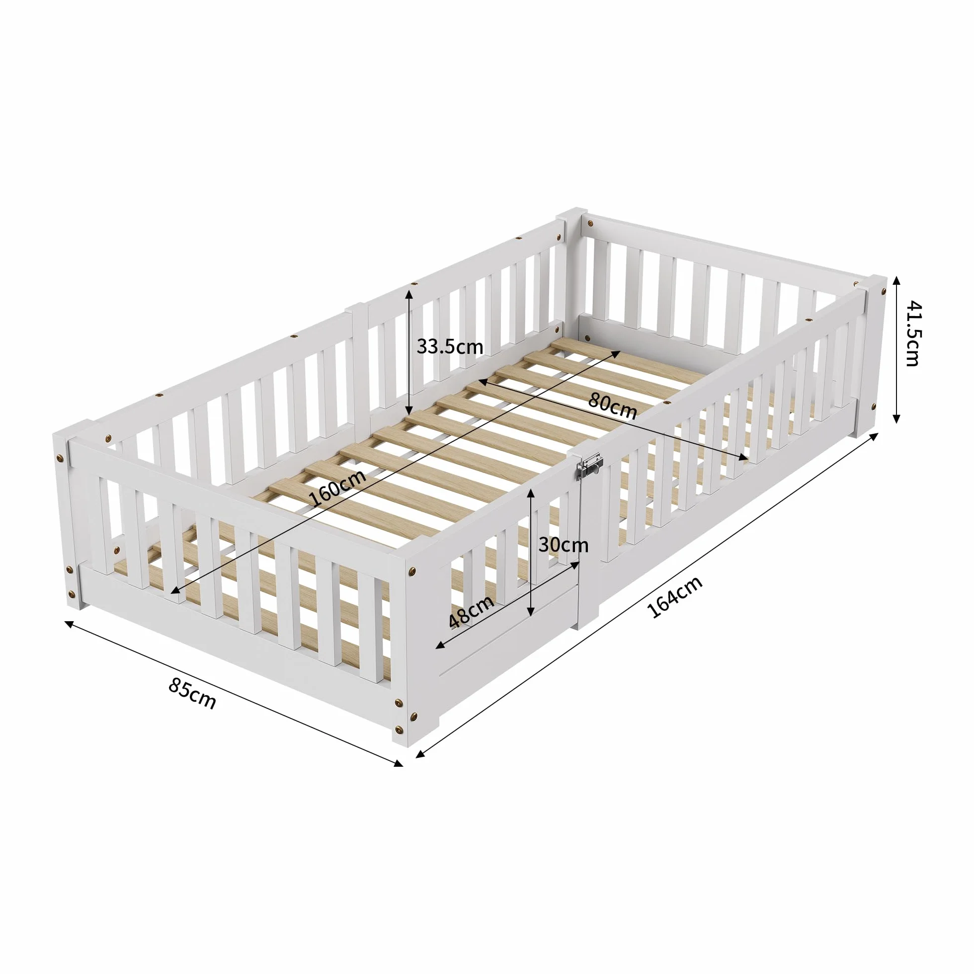 PerGar Cama Infantil 80x160 cm con Valla y Puerta, Somier, Madera Maciza Blanca