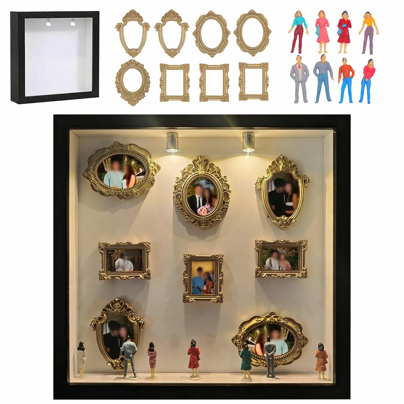Mini Museo en Miniatura Museum of Us Mini Museo Fotos Museum of Us con 8 Mini Marcos,8 Mini Marcos,Luces,Ideal para Aniversarios, Bodas y Decoración del Hogar Exhibición Creativa de Fotos de Pareja