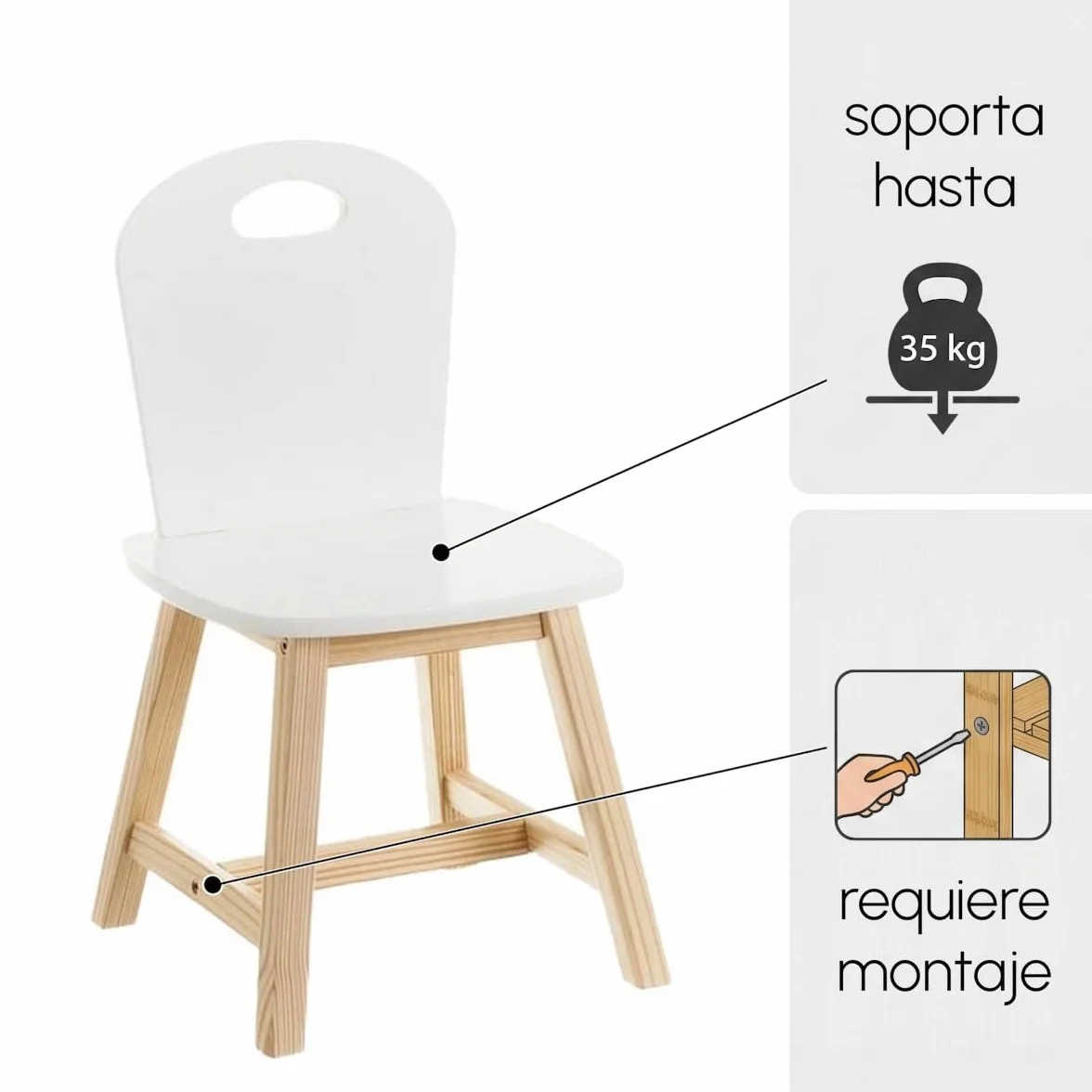 LOLAhome - Set de 2 sillas Infantiles Blancas de Madera de Pino de 28x28x50 cm. Diseño ergonómico para Dormitorio o Escritorio Que fomenta la autonomía y Comodidad de los niños con Estilo.