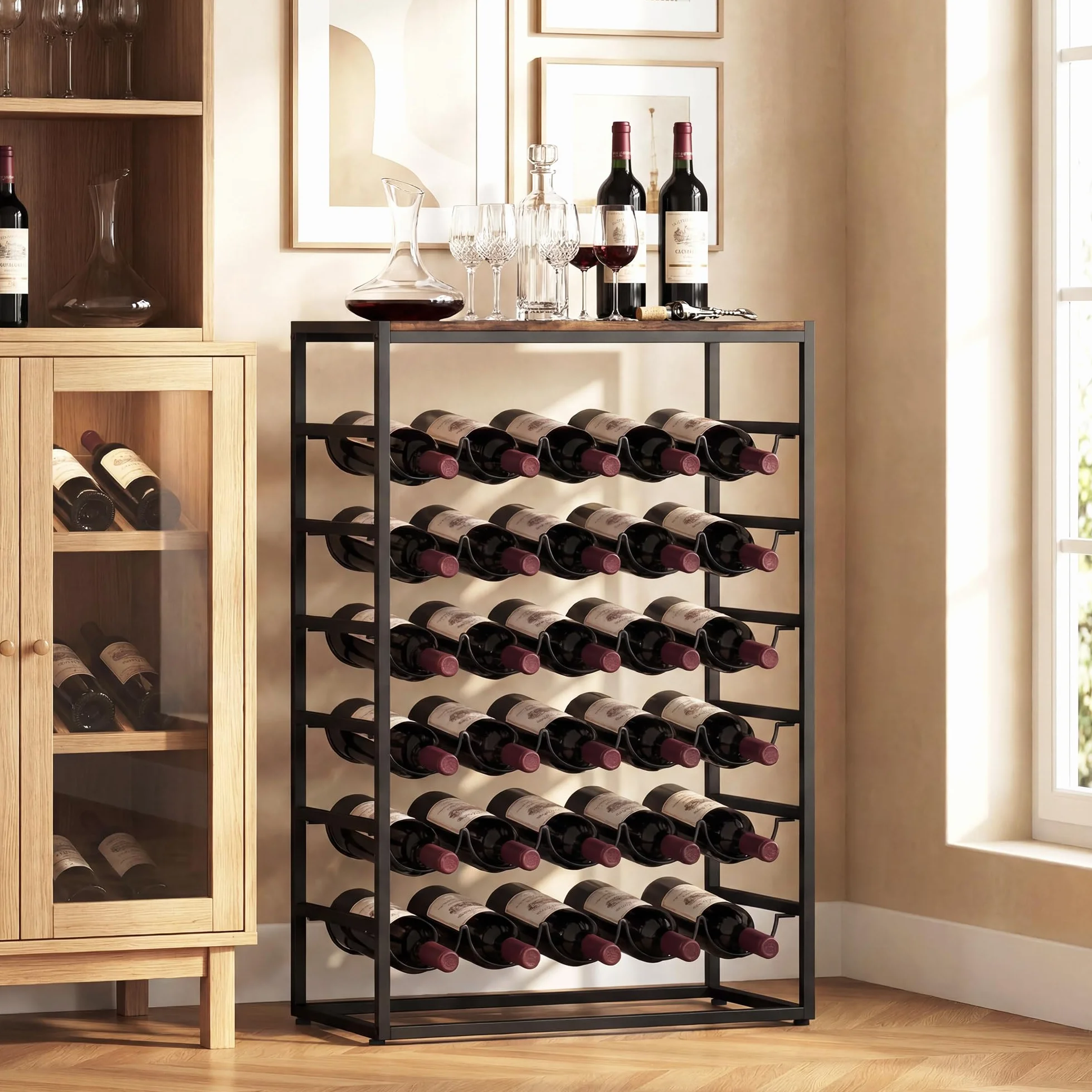 HOMCOM Botellero para 30 Botellas, Botellero para Vino de 6 Niveles con Encimera de Efecto Madera, Estilo Industrial, para Cocina, Comedor, Bar, 59x30x88,5 cm, Marrón Rústico