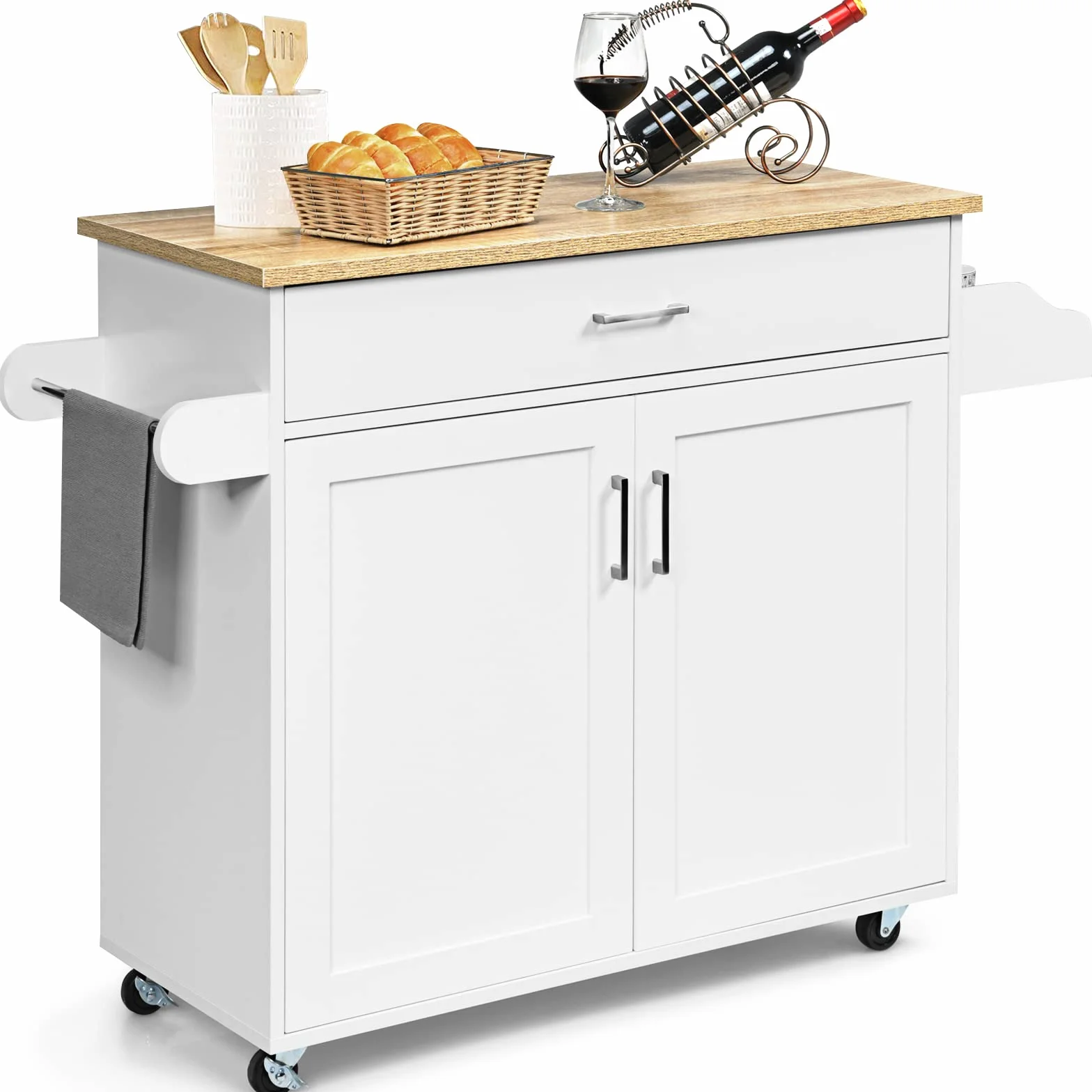 GIANTEX Isla de Cocina Móvil con Ruedas, Carro de Cocina con Cajón, Armario, Estante Lateral para Especias y Toallero, Mueble Auxiliar de Almacenamiento para Comedor (Blanco, 116x40x85cm)