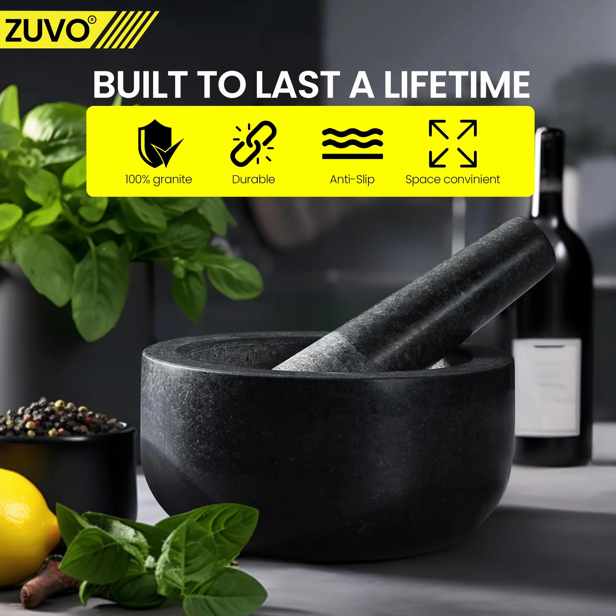 Juego de mortero y mortero de Zuvo, piedra natural sólida, esencial para artículos esenciales de cocina y creaciones culinarias, diseño duradero y elegante