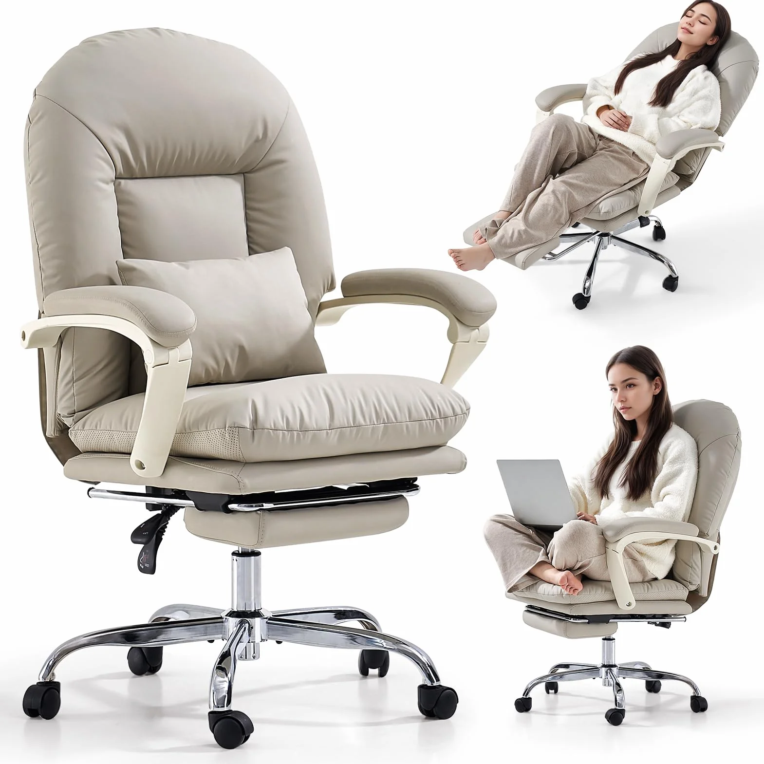 EMIAH Silla de Oficina Ergonómica con Reposapiés, Silla de Escritorio Ejecutiva Reclinable, Sillón de Cuero PU, Modernas Cómoda Silla de Ordenador Tocador con Ruedas, Bonita Silla para el Hogar, Beige