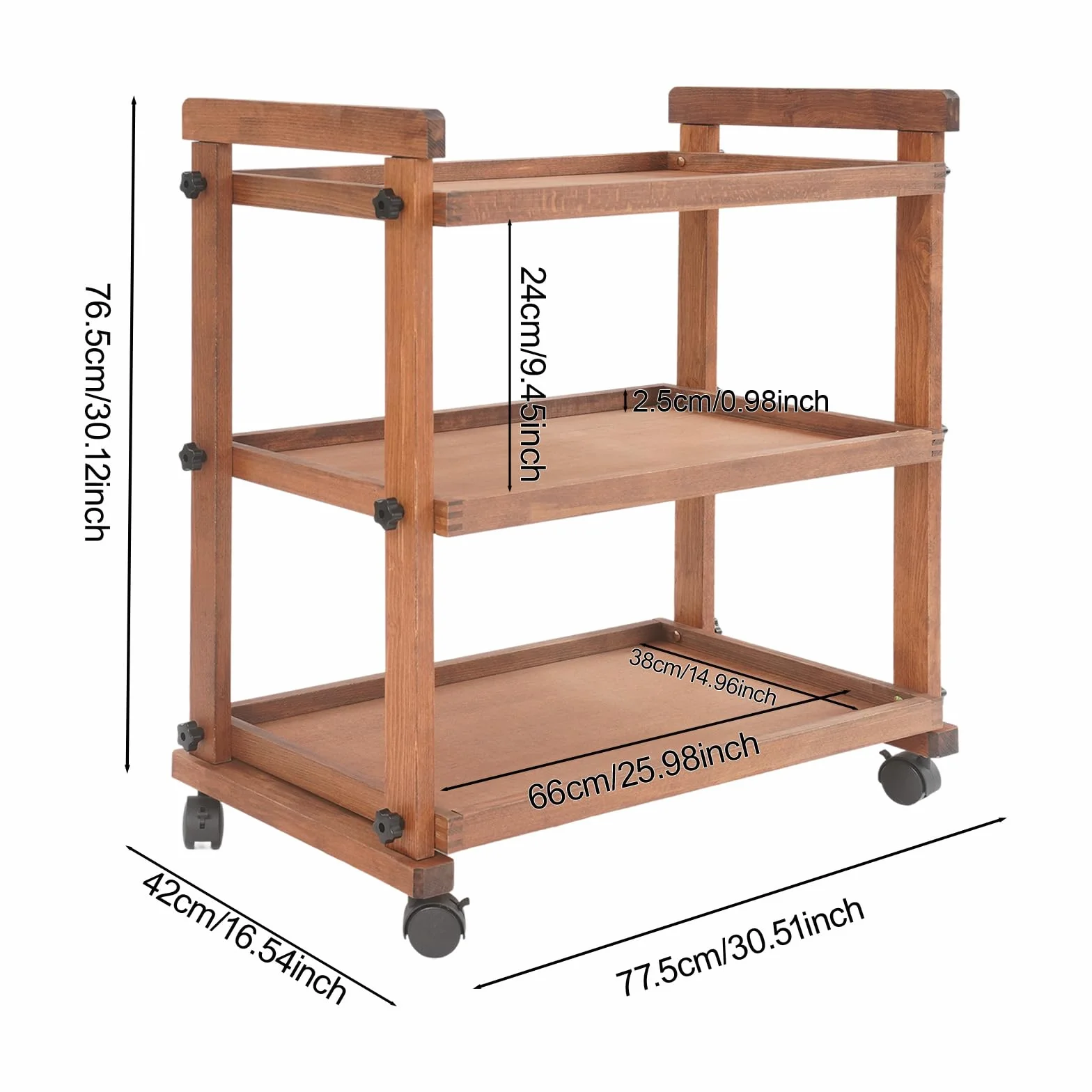 WooDerson Carro con ruedas, 3 niveles de madera, organizador de almacenamiento, carrito de madera para suministros de arte, carrito de almacenamiento multifuncional con ruedas y asas, capacidad de