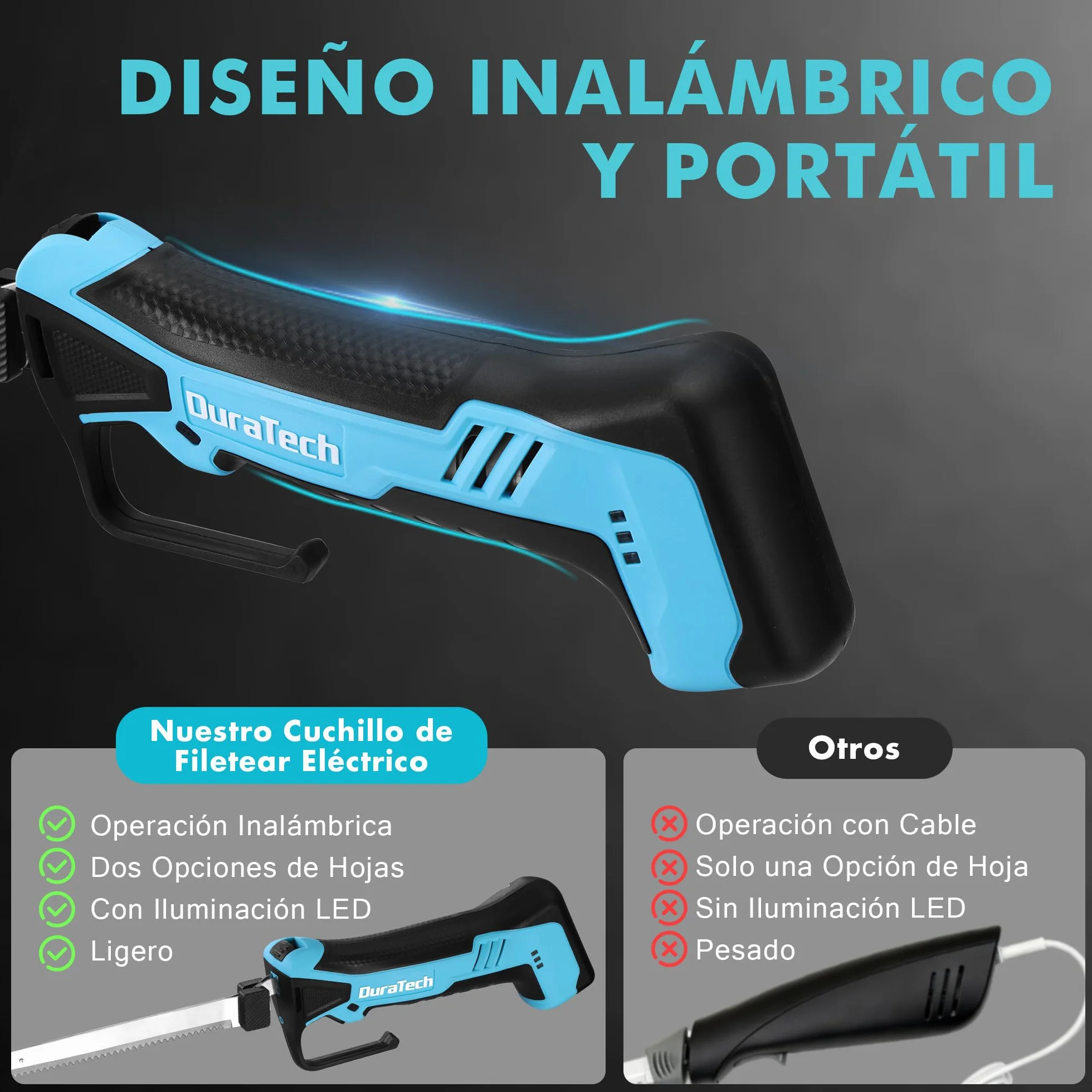 DURATECH Cuchillo Eléctrico Inalámbrico 12V para Pescado, con Cuchillas de 20 cm y 25 cm, Cuchillo Eléctrico con Batería de 2000mAh, Mango Antideslizante para Pescadores y Cocineros
