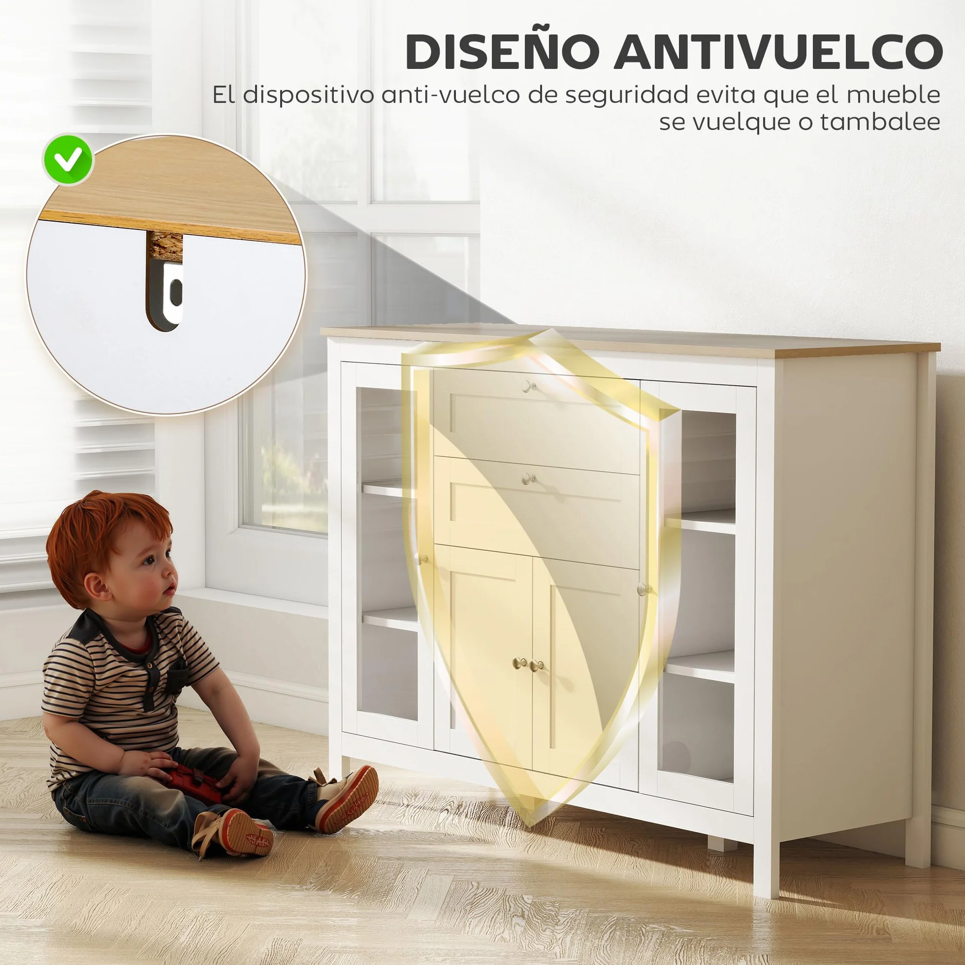 HOMCOM Aparador de Cocina con Armario 2 Cajones 2 Puertas de Vidrio y Estantes Ajustables Muebles Auxiliar de Almacenaje para Comedor Salón 120x40x90 cm Blanco