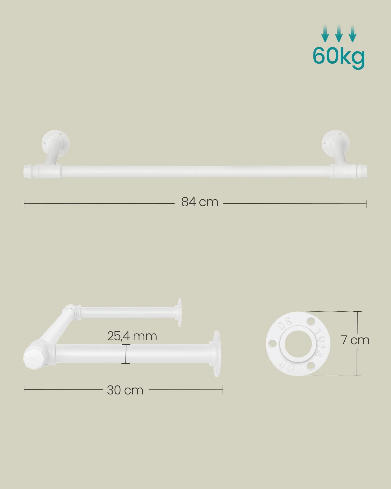 SONGMICS Juego de 2 Percheros de Pared, Colgador de Pared, Estilo Industrial, Ahorro de Espacio, 30 x 84 x 7 cm, Carga de 60 kg, Montaje Fácil, Acero, Blanco Nube HSR140W02