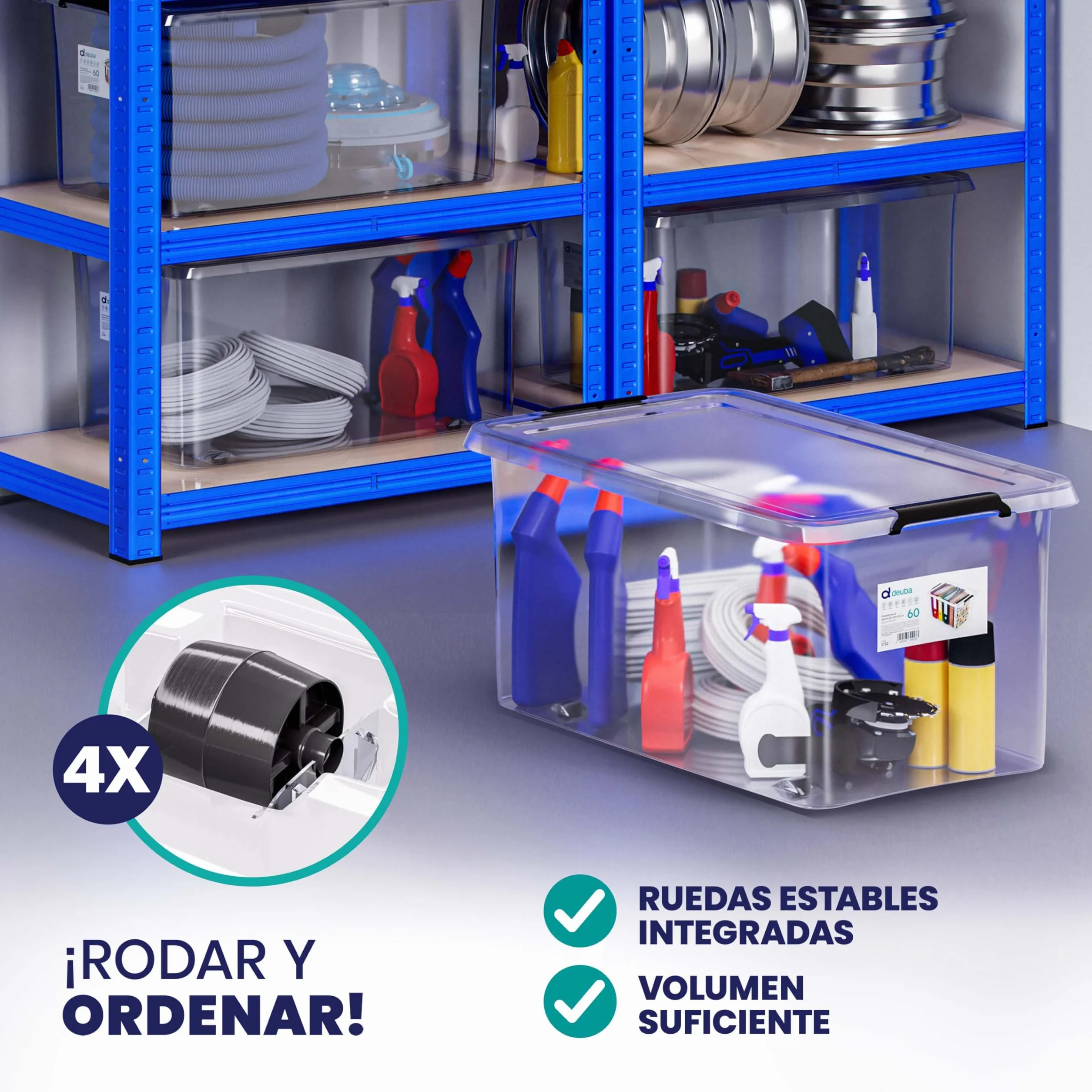 Deuba 4X Cajas de Almacenamiento 60L Tapa Clips de Cierre Transparentes Apilable