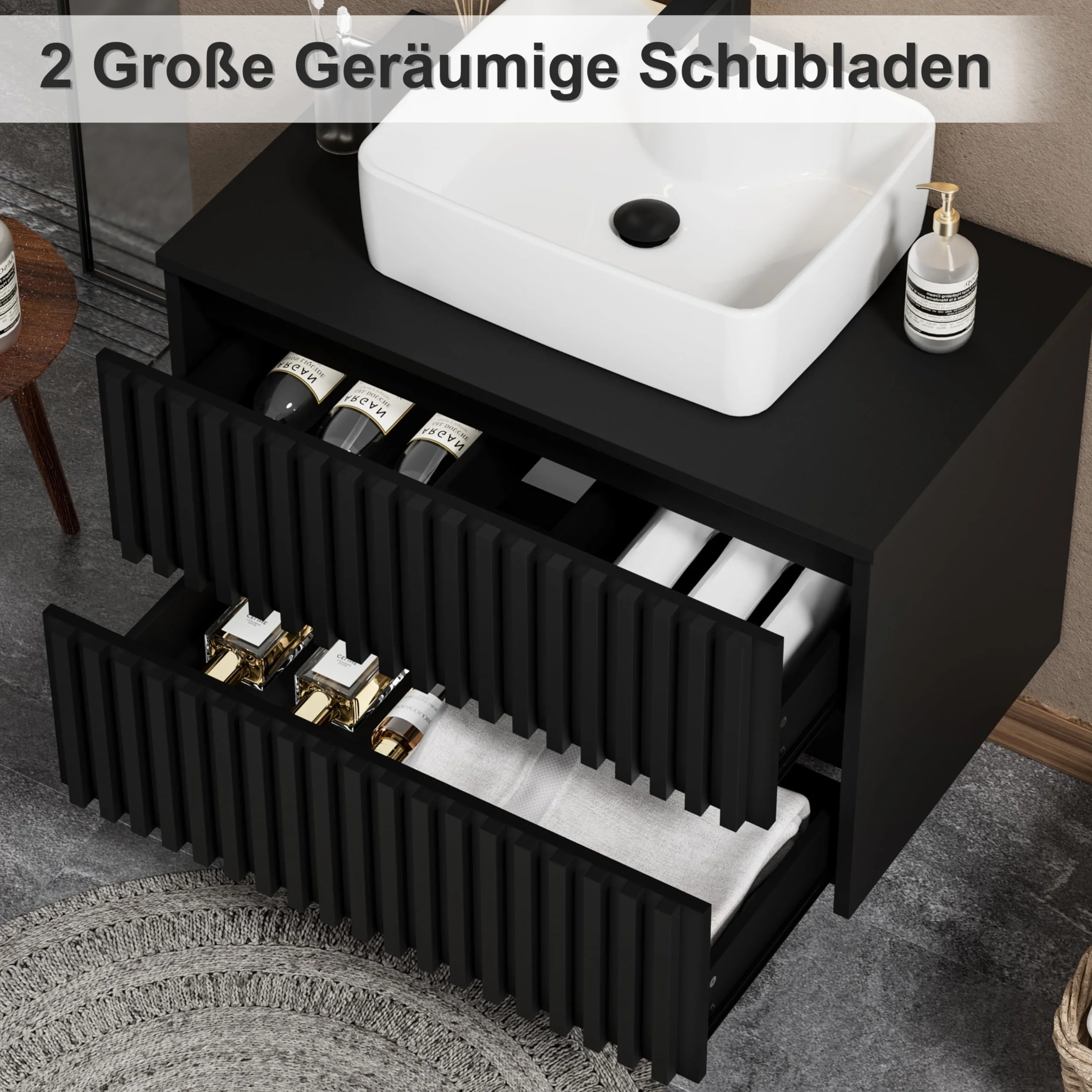 UEV Mueble de Baño 80CM con Lavabo de Cerámica, Mueble de Baño Suspendido Combina Elegancia y Funcionalidad, Lavabo con Mueble de Pared, Negro