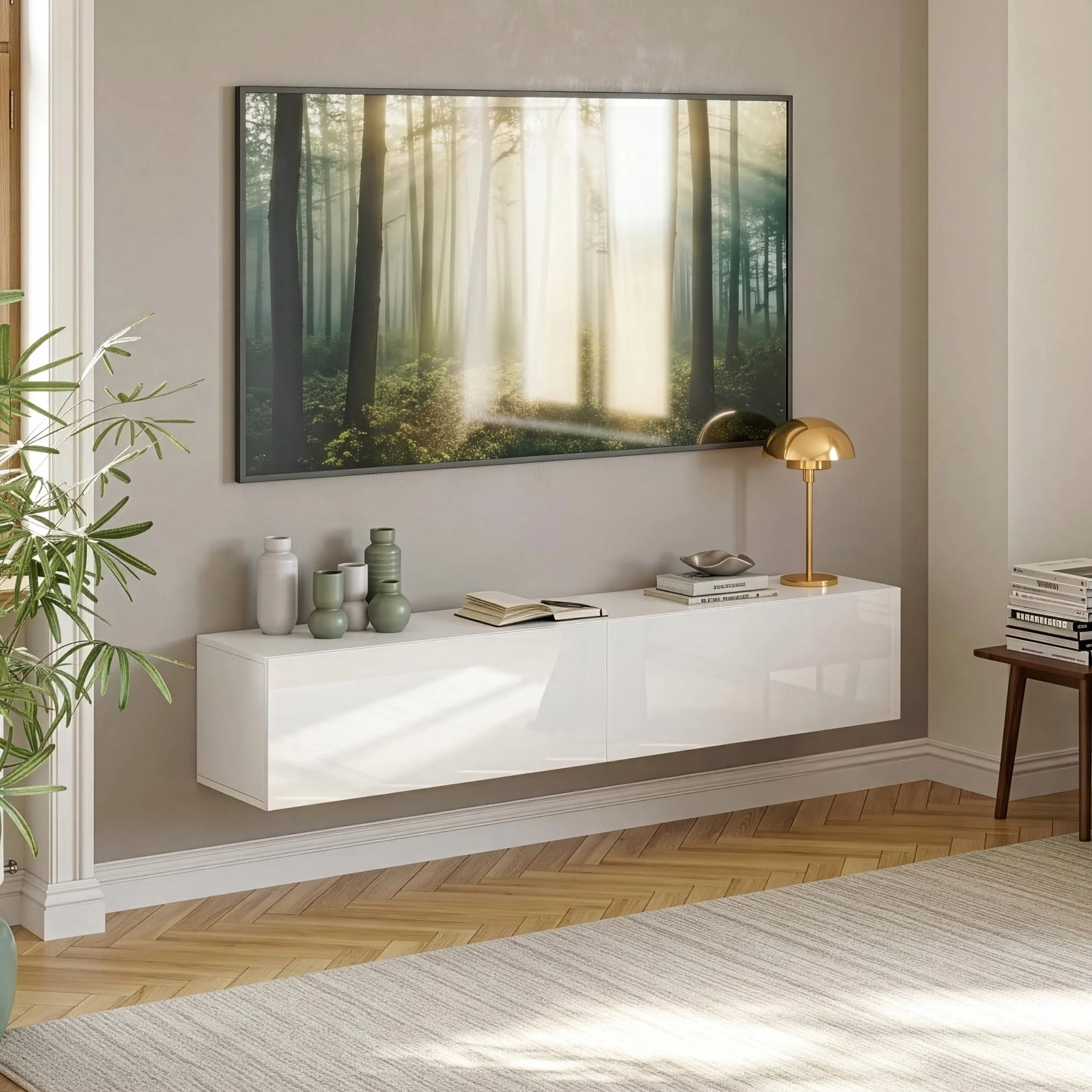 [en.casa] Mueble de TV Evaton Armario Flotante Estantería de Pared con 2 Compartimentos Consola de Entretenimiento Multimedia 160 x 32 x 30 cm - Blanco Alto Brillo
