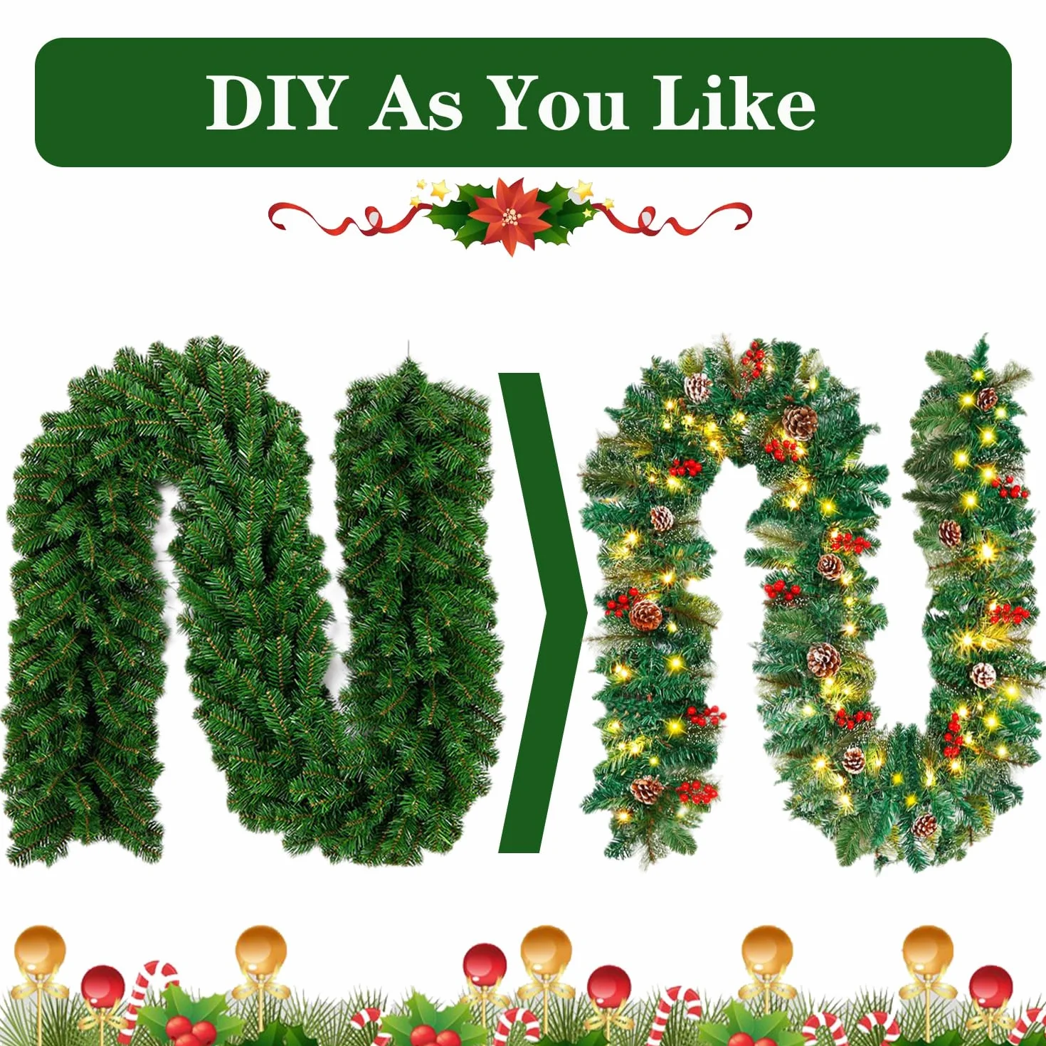 Guirnalda de Navidad Decoración con 50 LED Luces,2.7m/9 FT Guirnalda Artificial Guirnalda de Hiedra con escaleras chimeneas Puertas decoración navideña Exterior Interior (Verde)