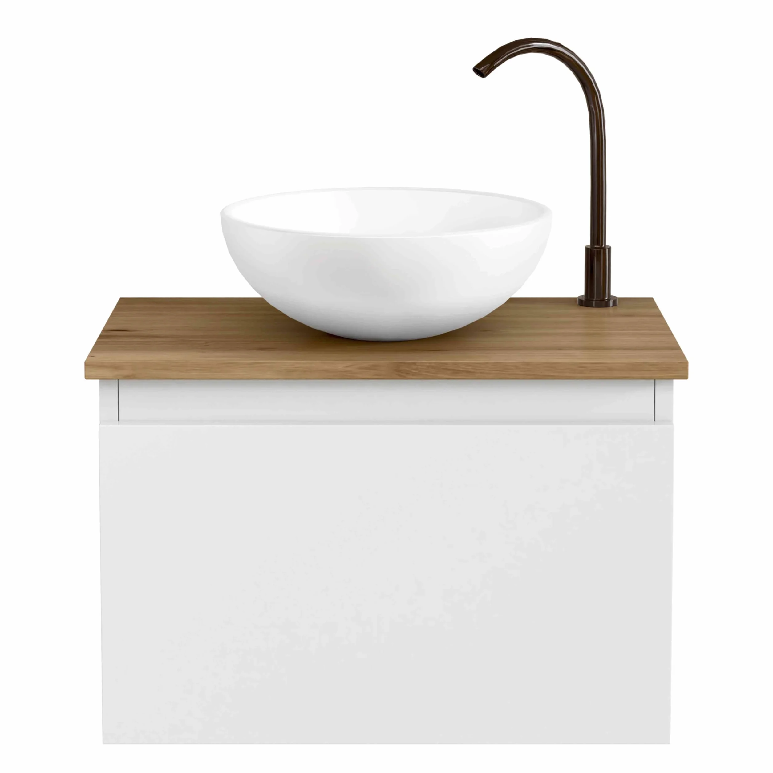 BELLOBATH - Mueble Baño Suspendido con Lavabo de Cerámica Redondo, Mueble Baño con Lavabo Montado con 1 Cajón, 49,5 x 32 x 30 cm, Mueble Blanco/Roble