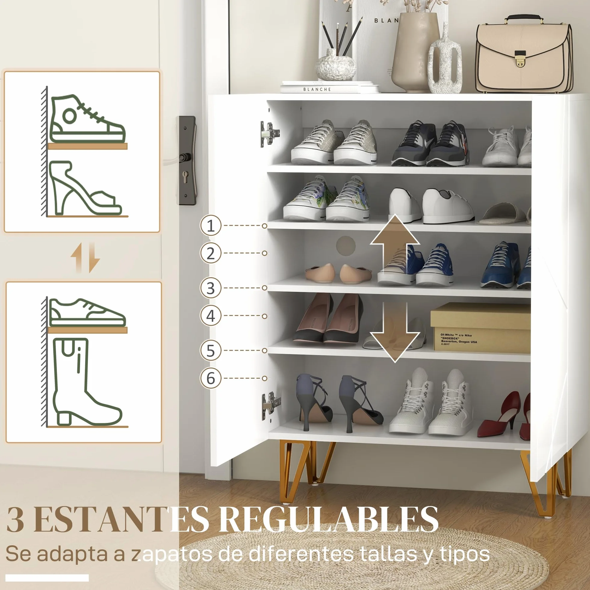 HOMCOM Mueble Zapatero Moderno de Entrada para Recibidor con Estantes Ajustables y Cierre Suave 15-20 Pares de Zapatos para Pasillo 72x31,5x95 cm Blanco Brillo
