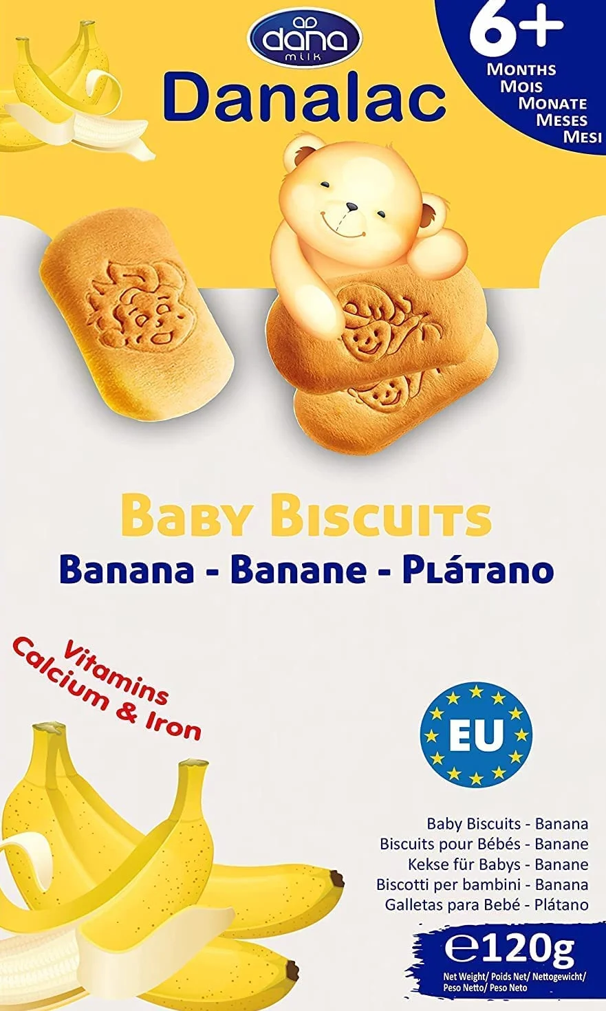 DANALAC Galletas de bebé 120g Paquete combinado 2 plátano 2 cacao 2 natural Aperitivos niños 6 meses calcio hierro vitaminas