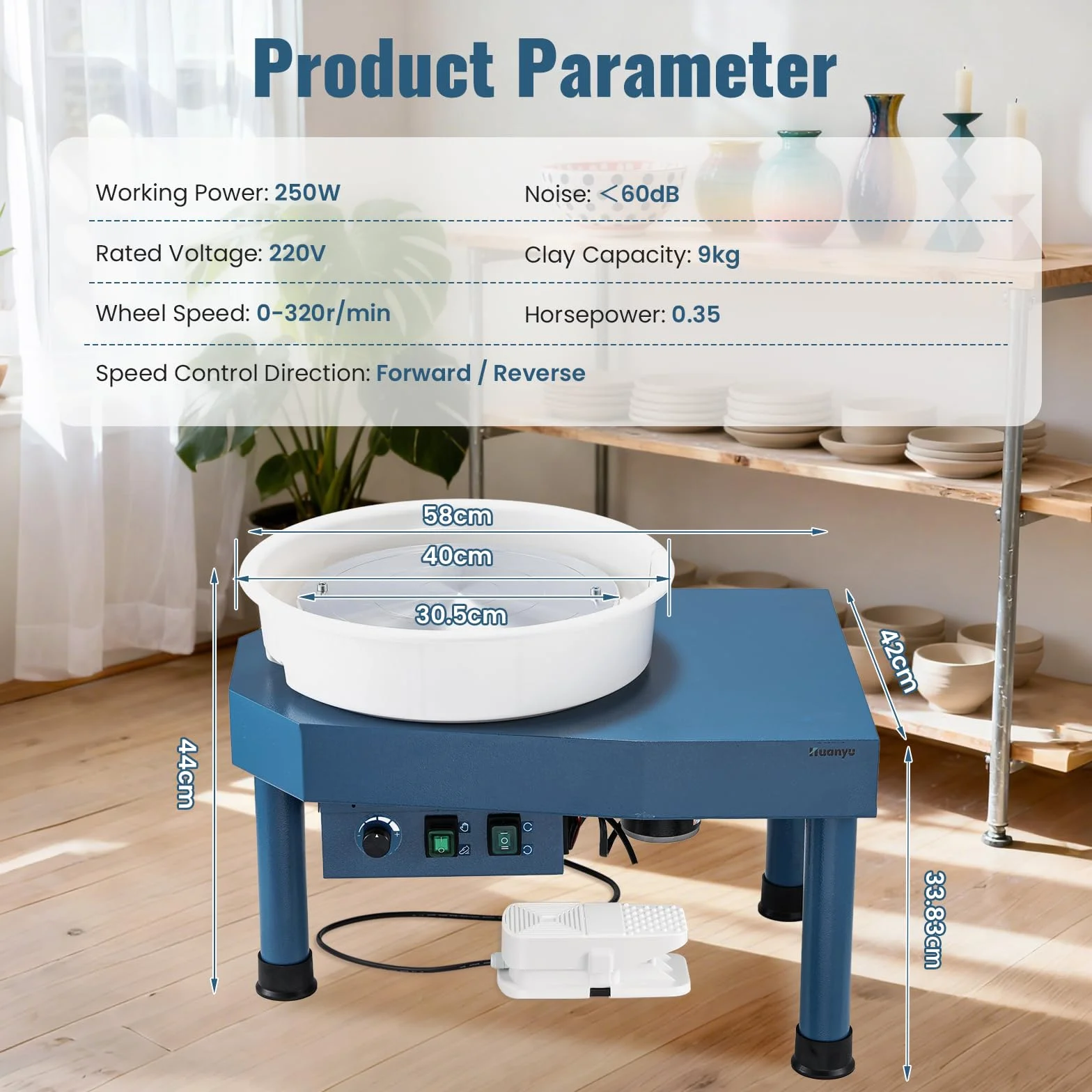 Huanyu Torno de alfarero de 30 cm con Sistema de Plato Giratorio. Torno eléctrico de 350 W con Control Manual/de pie para Adultos y Principiantes, con Kit de Herramientas de alfarería