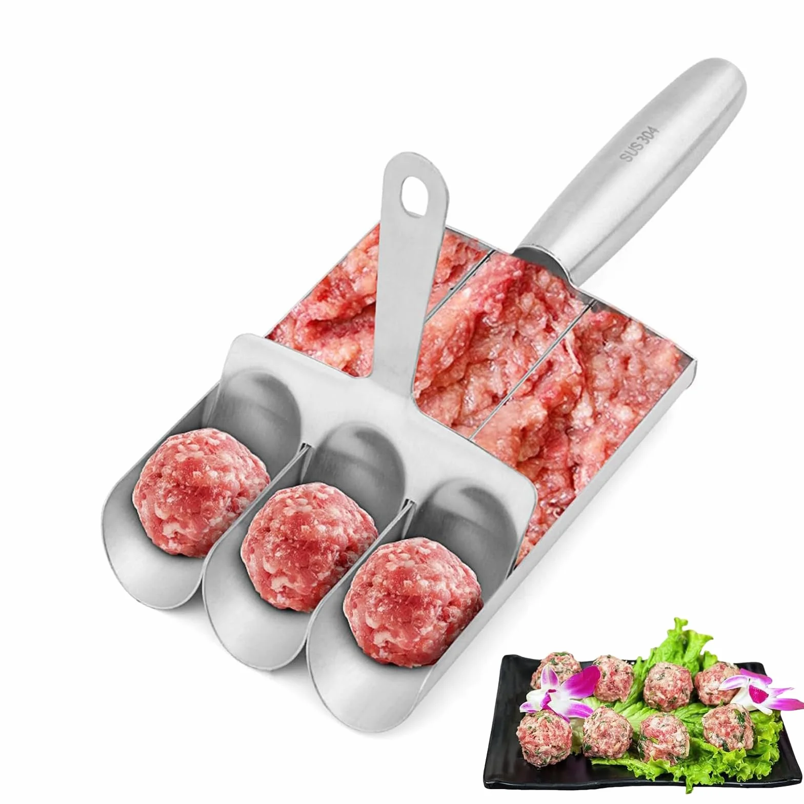 Moldeador de Albóndigas Manual Triple de Acero Inoxidable para Hacer Bolas de Pescado y Camarón