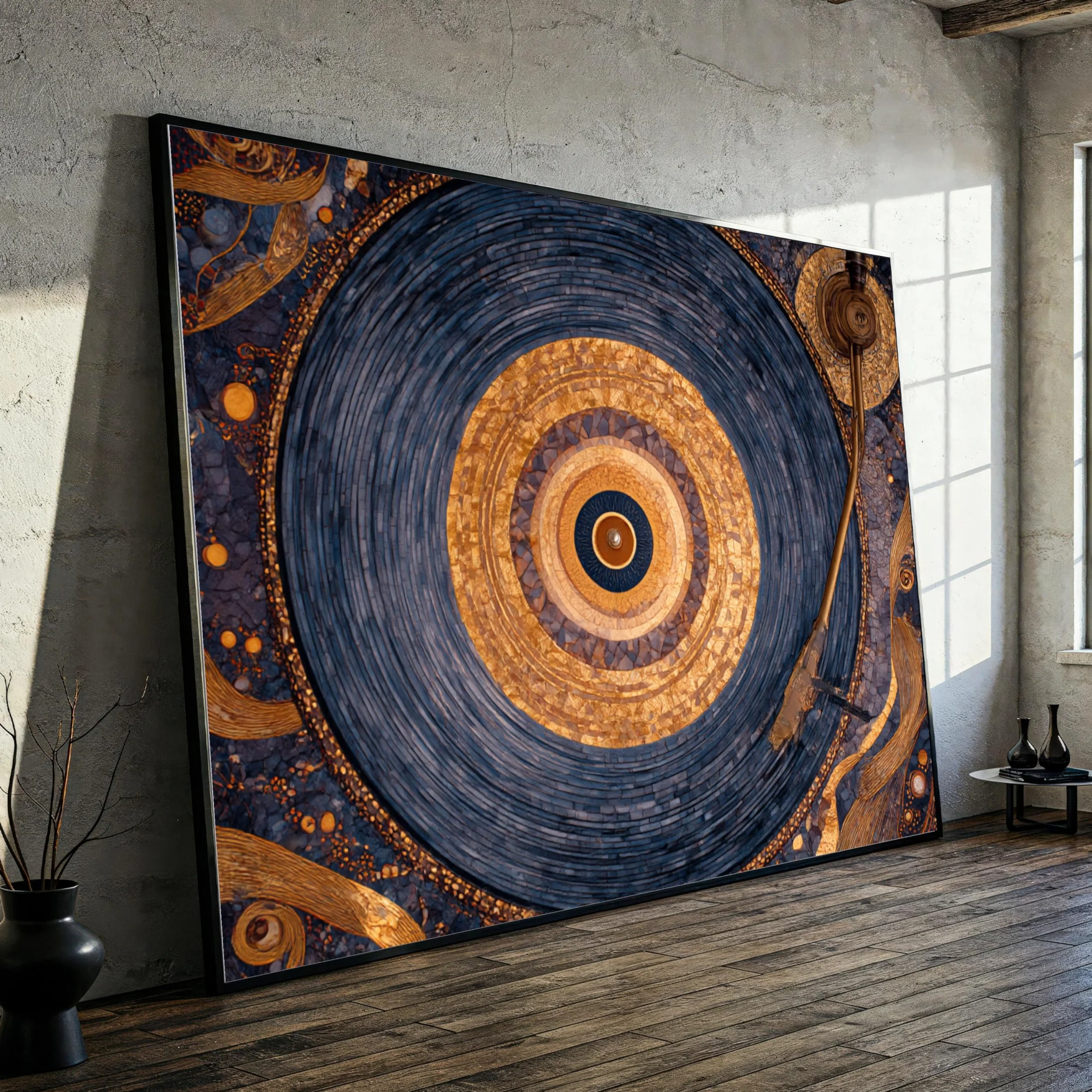 YUSUZHU Lienzo con diseño de disco de vinilo vintage, arte mural abstracto en lienzo dorado y azul, lámina, decoración para el hogar, fusión de música y arte (40x60cm/marco interior)