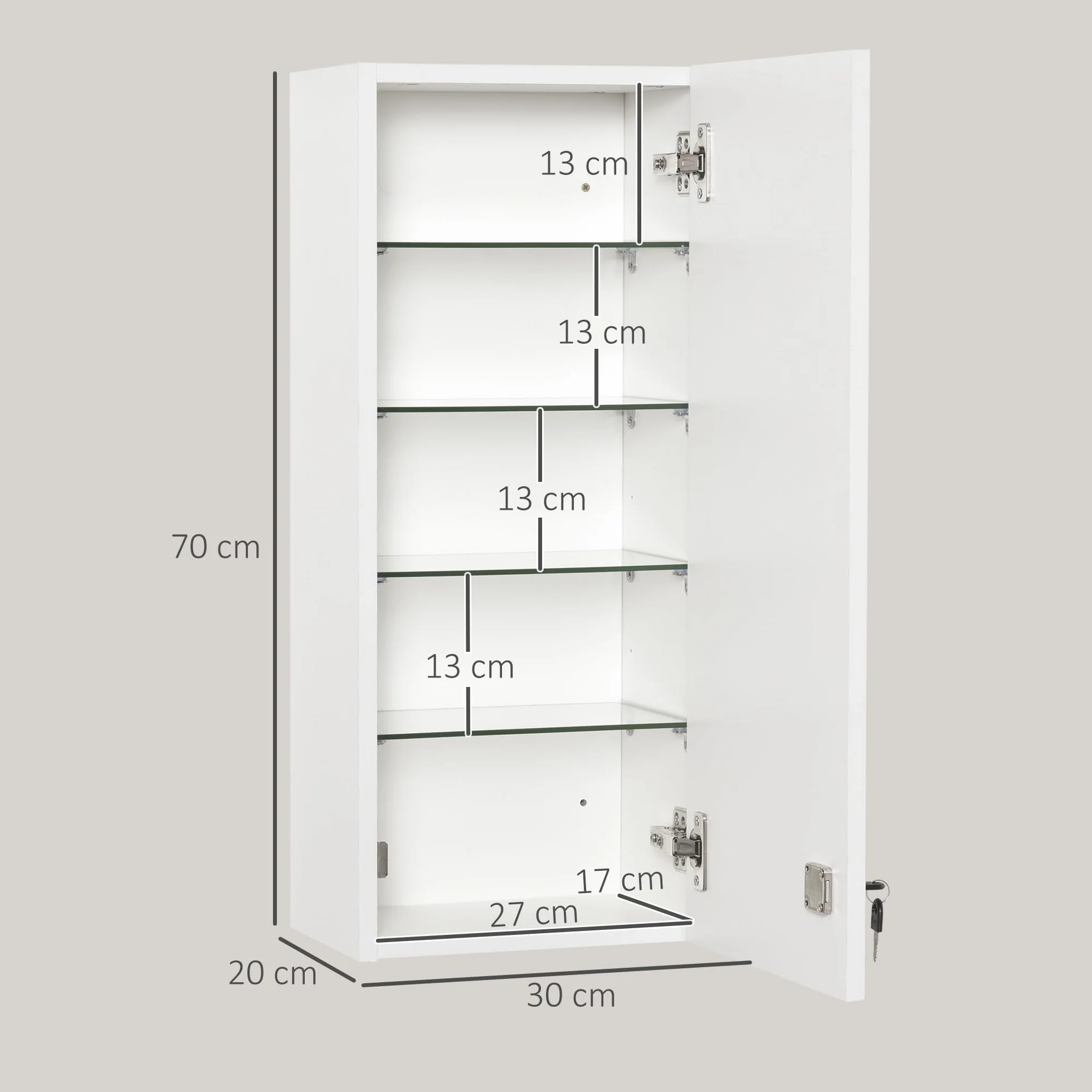 Kleankin Botiquín de Pared Primeros Auxilios 5 Niveles Estantes Ajustables Vidrio Cerradura 30x20x70 cm Blanco