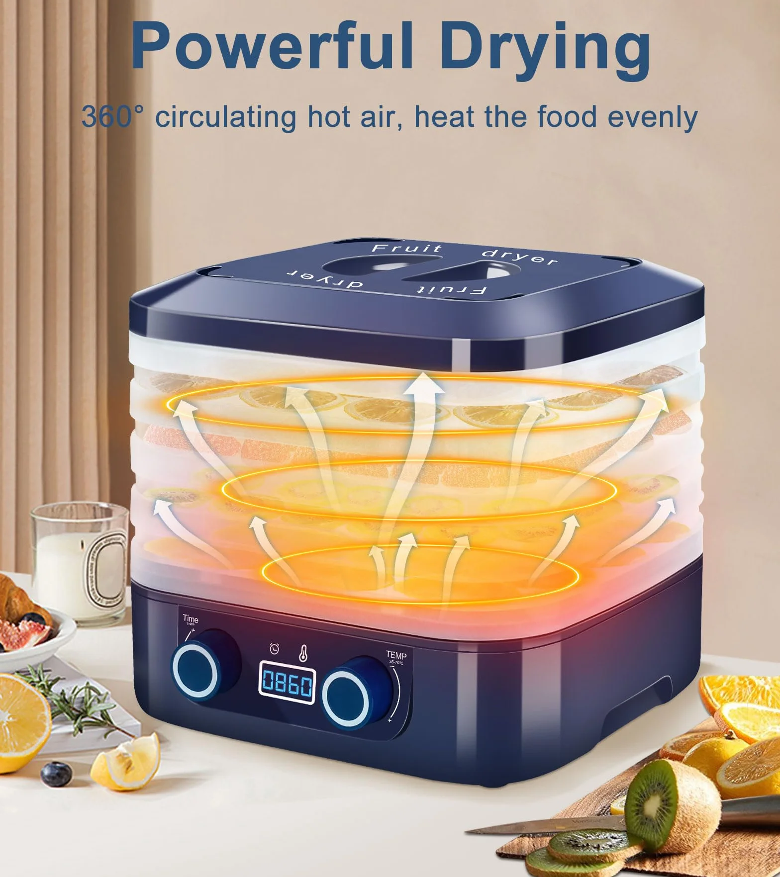 DeeprBling Deshidratador de Alimentos 5 Bandejas Desmontables Control de Temperatura 35-70°C Temporizador 48 Horas Frutas Verduras Pantalla Digital Sin BPA