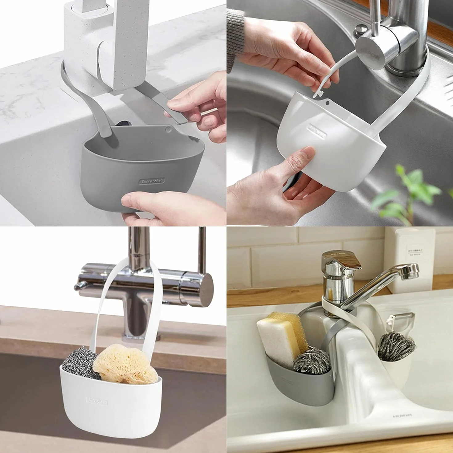 2 Piezas Cesta Colgante Escurridor, Cesto Colgante Escurreplatos Cocina, Portaesponjas Colgantes Fregadero, Estante Fregadero, Mantenga Secas Las Esponjas, Toallas y Jabones (Blanco+Gris Oscuro)
