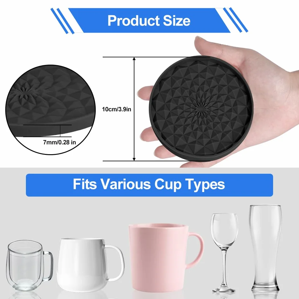 Posavasos de Silicona Antideslizante Aislante Redondo 6 Piezas 0,28 Pulgadas Negro