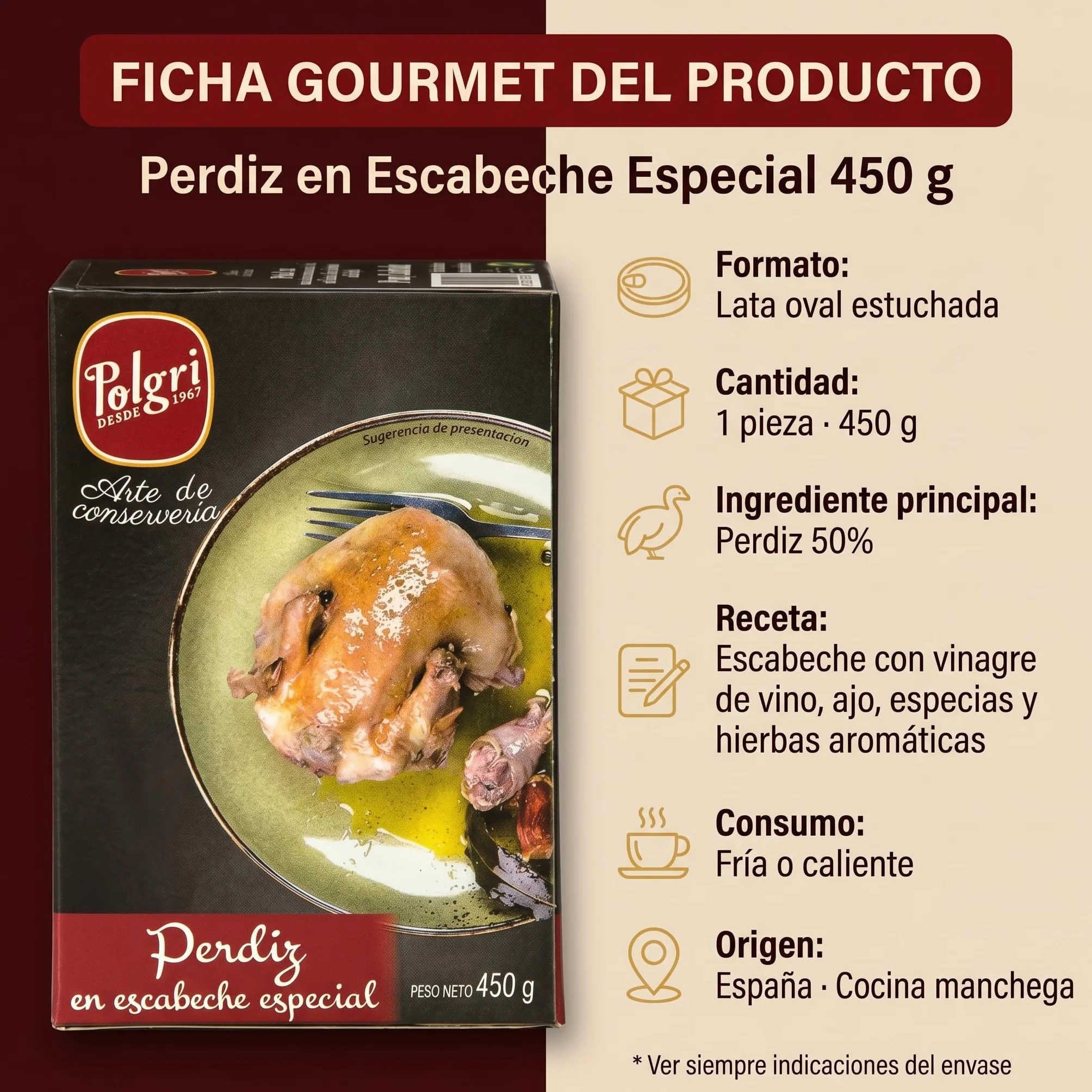 POLGRI Perdiz en Escabeche Conserva de Caza 450 g Lata Estuchada Plato Preparado Receta Manchega