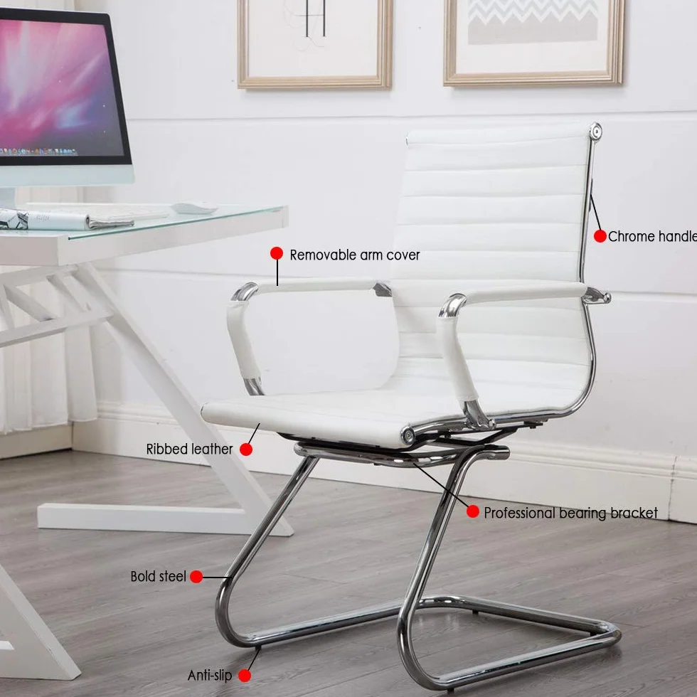 Silla de Oficina de Piel Sintética Wahson, Sillas de Recepción con Apoyabrazos Cromados, Juego de 2 Blanco