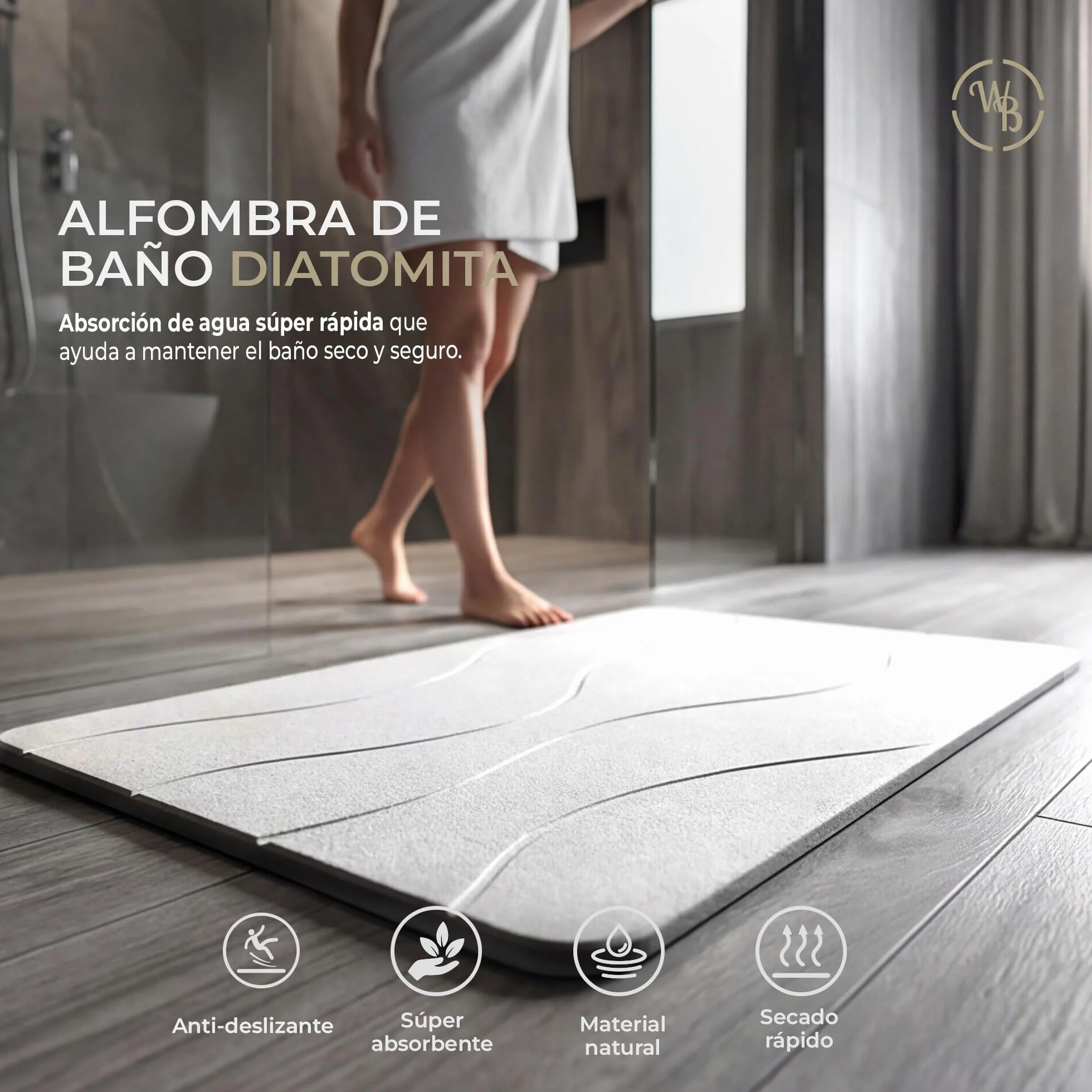 Alfombra Diatomita Baño Fast Dry 60x40 Antideslizante Antibacteriana Gris Stone Bath Mat