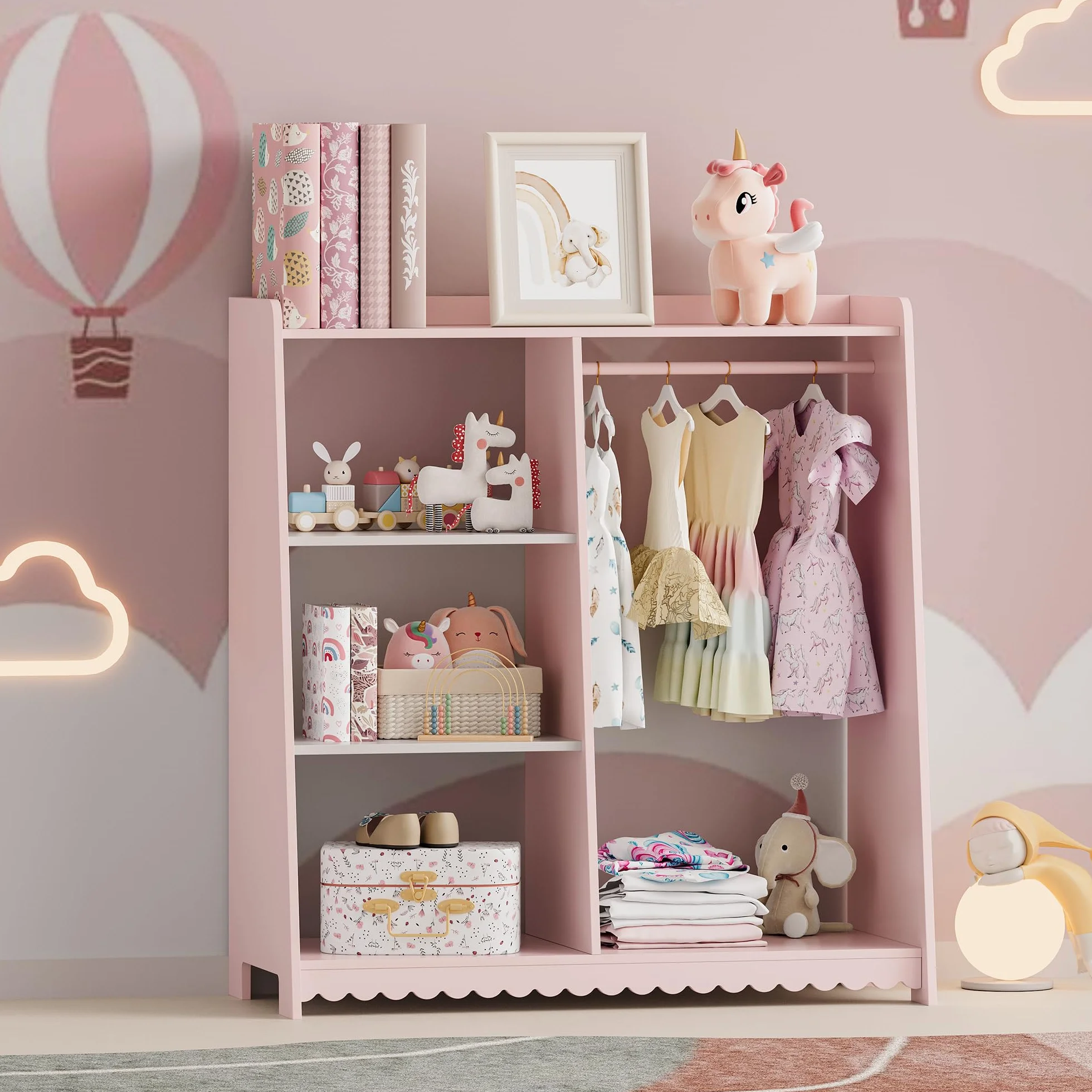 Vestnes Perchero Burro Infantil con Estantería Armario Abierto Ropa 90x80x38 cm Rosa/Blanco